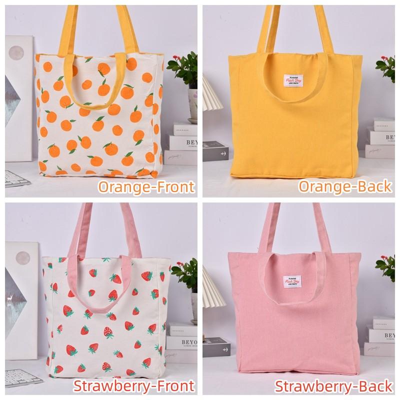 Two Strap Orange Strawberry Apple Pear Cotton Linen Shoulder Bag, Reusable Shopping Bag, Back to School