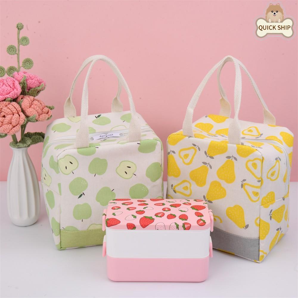 Orange Strawberry Apple Pear Cotton Linen Insulated Lunch Bag, Premium Quality Drawstring Bag, Back to School