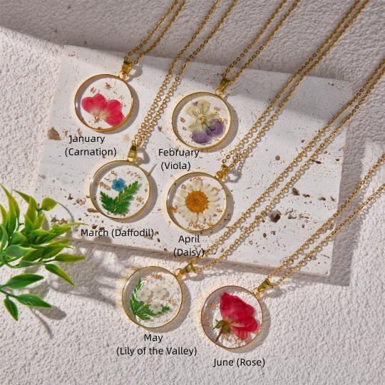 Gold Birth Month Flower Necklace,Real Dried Flower Round Necklace for Birthday Gift