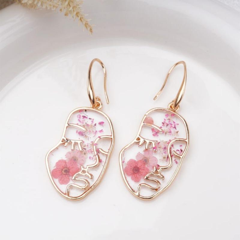 Handmade Pink Forget Me Not Gold Plated Earrings&Necklaces,Creative Real Dried Flower Jewelry Set with Face, Aesthetic Birthday/Valentine's Day Gifts