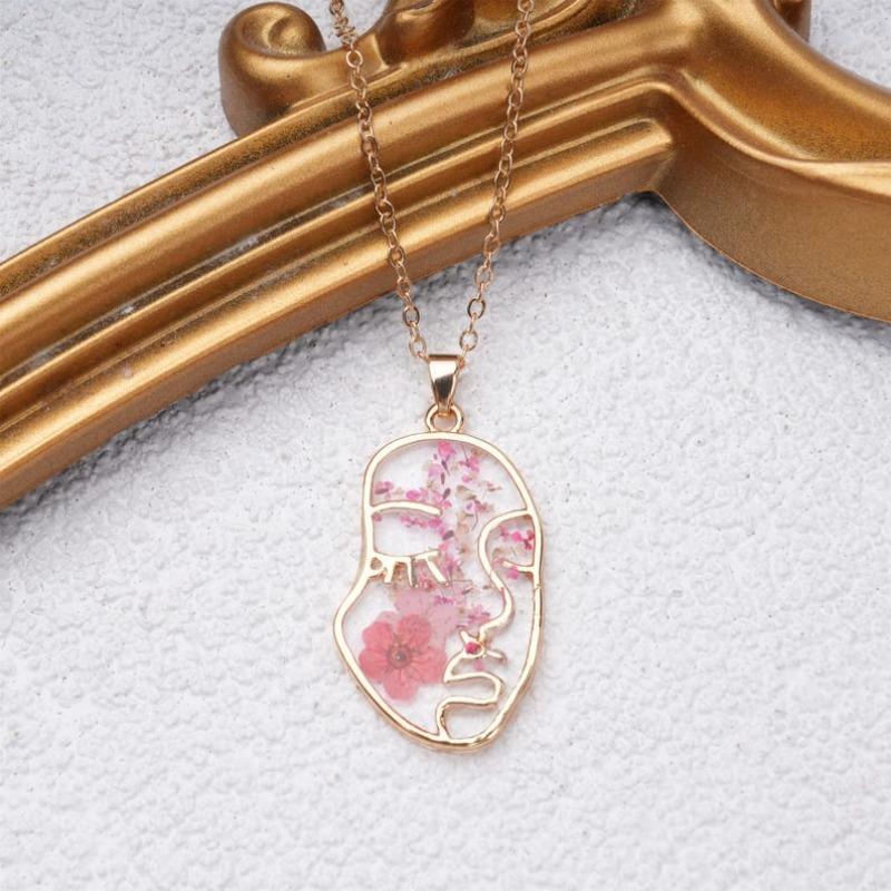 Handmade Pink Forget Me Not Gold Plated Earrings&Necklaces,Creative Real Dried Flower Jewelry Set with Face, Aesthetic Birthday/Valentine's Day Gifts