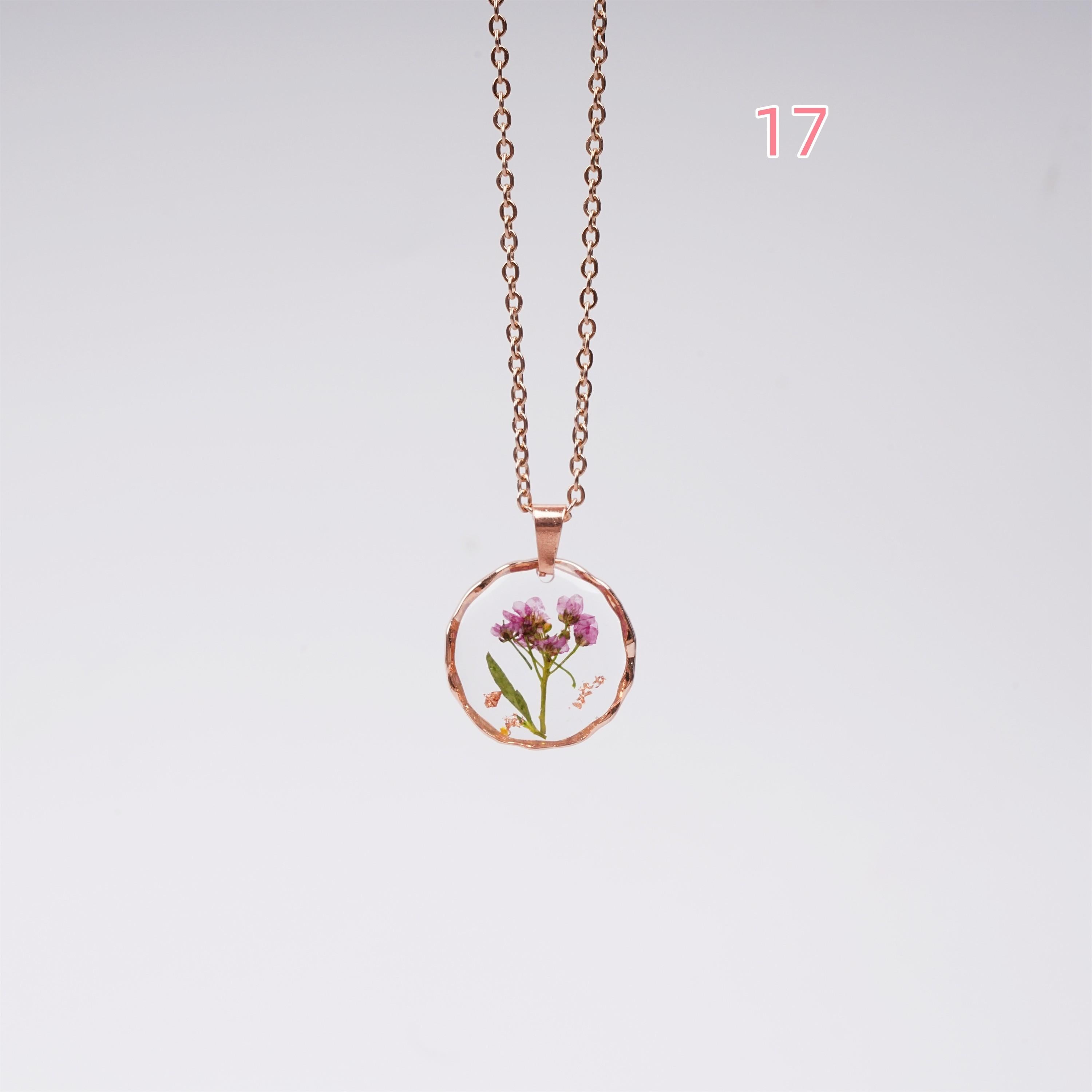 Handmade Pressed Dried Flower Necklace, Rose Gold Foil Resin Pendant