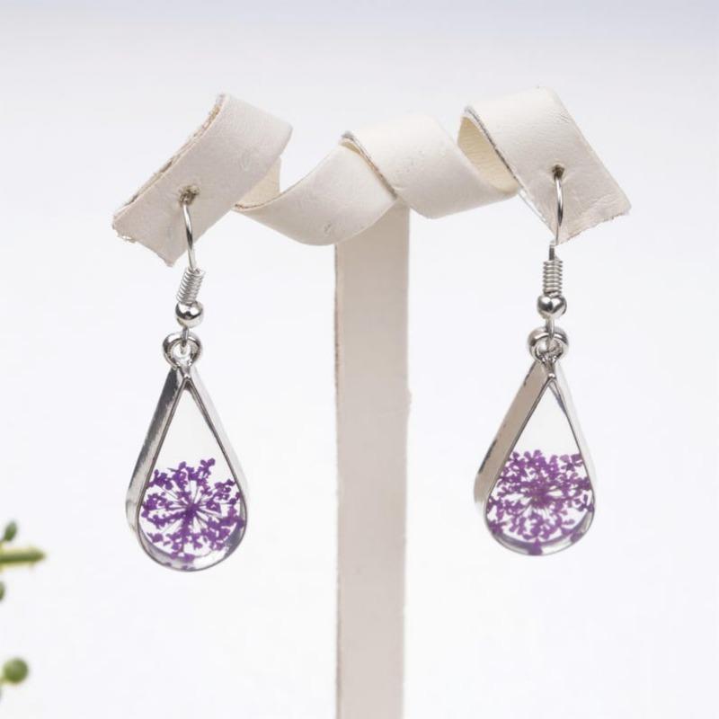 Handmade Purple Babysbreath Silver Plated Earrings&Necklaces, Creative Real Dried Flower Jewelry Set, Aesthetic Birthday/Valentine's Day Gifts