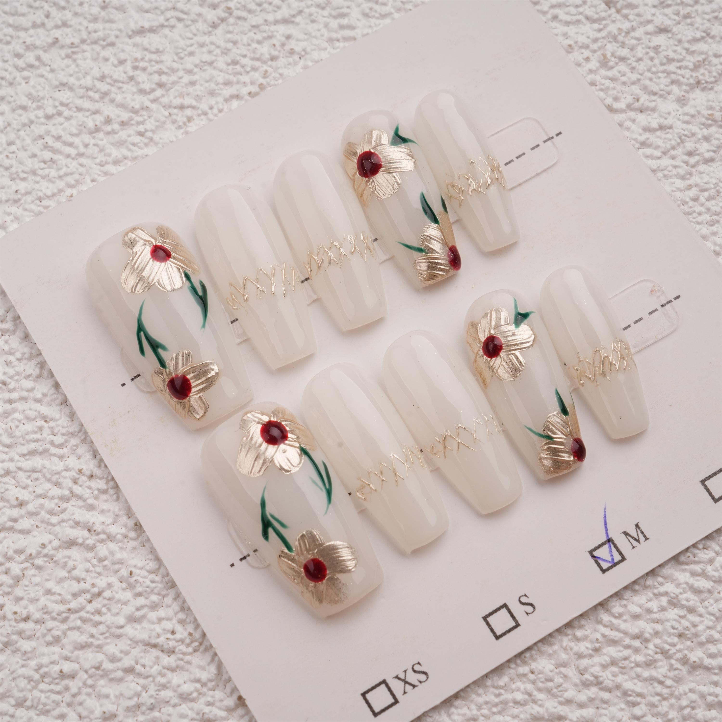 Wildflowers Press On Nails,Simple Style,Trendy Reusable Flowers Fake Manicure