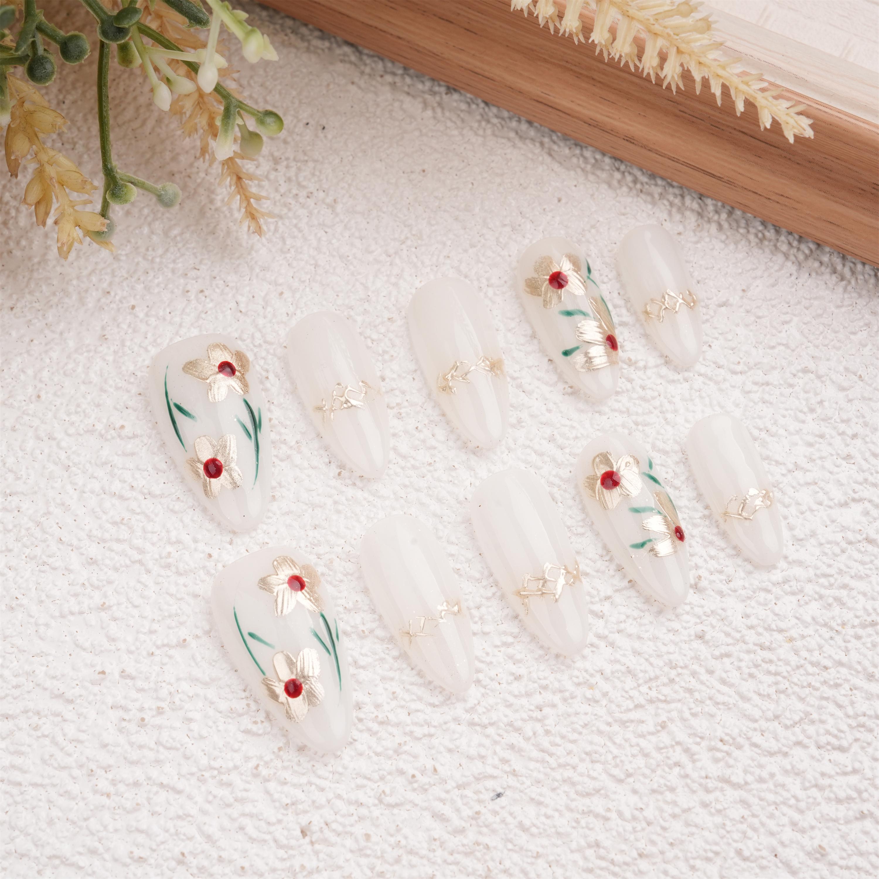 Hand Painted Golden Flowers Press On Nails,Elegant Floral Design For Wedding,Party,Prom