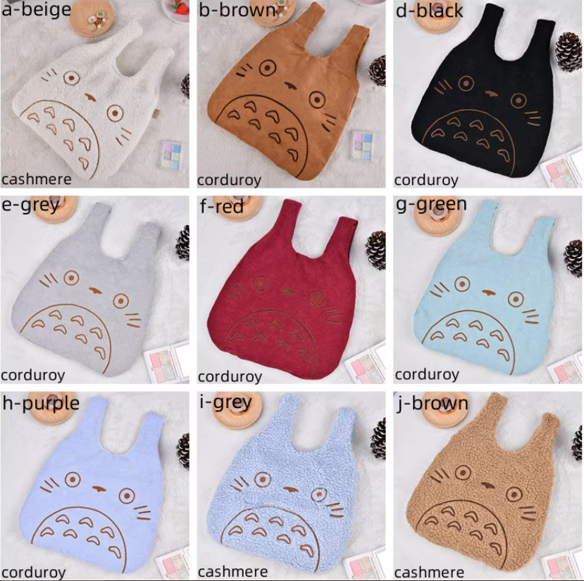 Japanese Totoro Corduroy Wrist Bag,Fall/Winter Totes,Reusable HandBag,Handmade