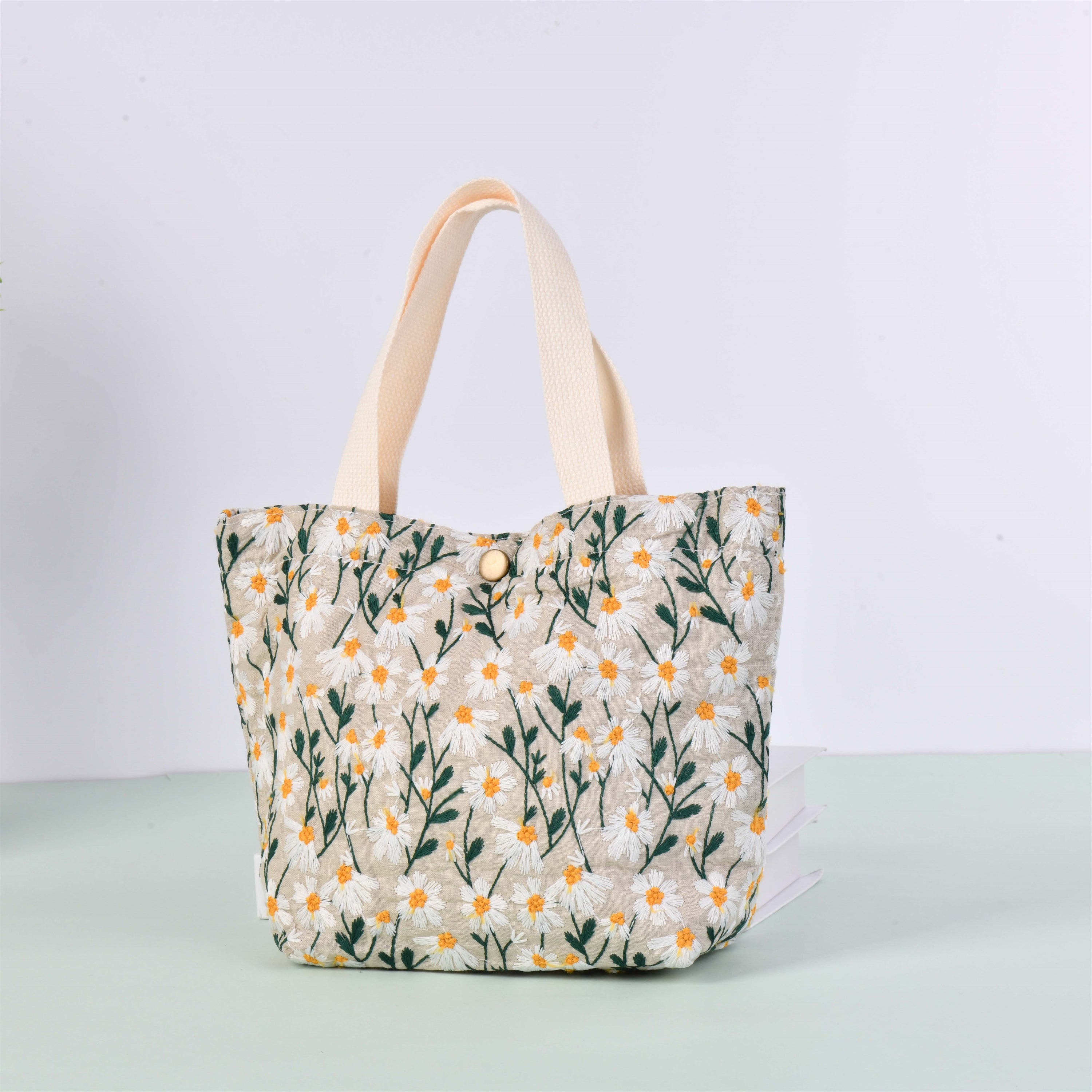 Embroidered White Daisy Cute Cotton Linen Tote Bag