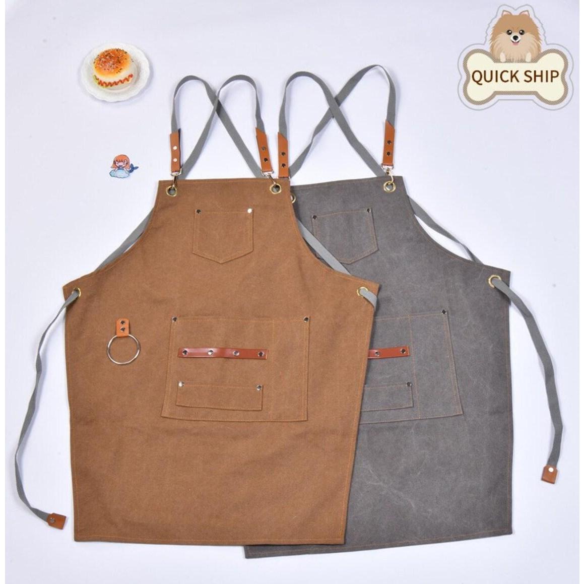 Chef Aprons For Men With Large Pockets, Canvas Cross Back Heavy Duty Adjustable Work