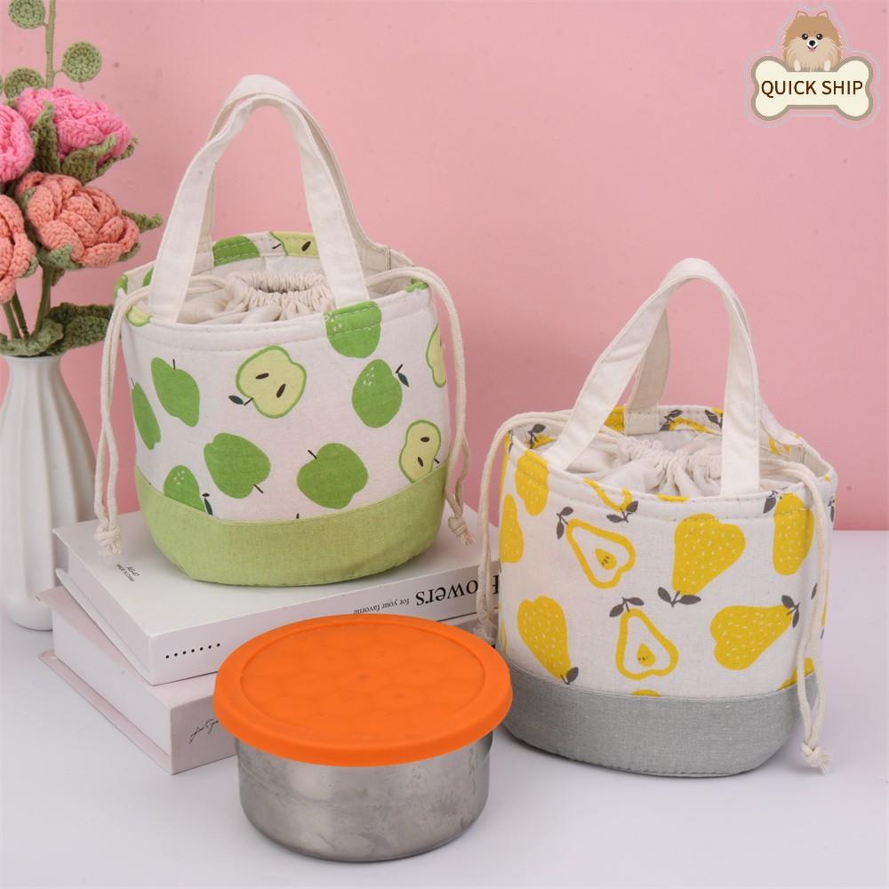 Orange/Strawberry/Apple/Pear Round Cotton Linen Insulated Lunch Bag, Premium Quality Drawstring Bag, Back to School
