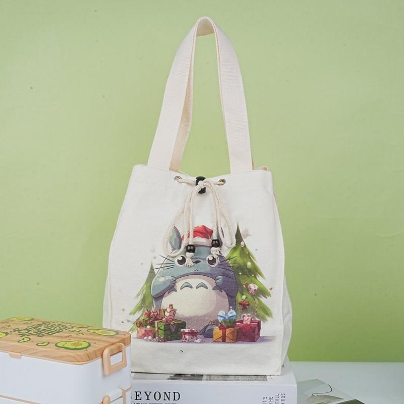 Totoro Pumpkin Canvas Drawstring Lunch Bag, Reusable Halloween Lunch Bag