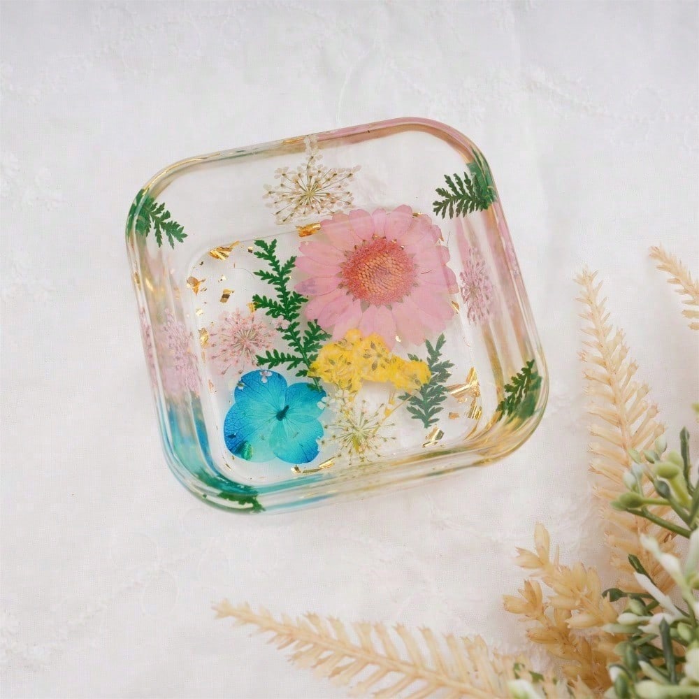 Real Flowers Resin Tray,White/Purple/Pink/Orange Daisy Jewelry Coaster