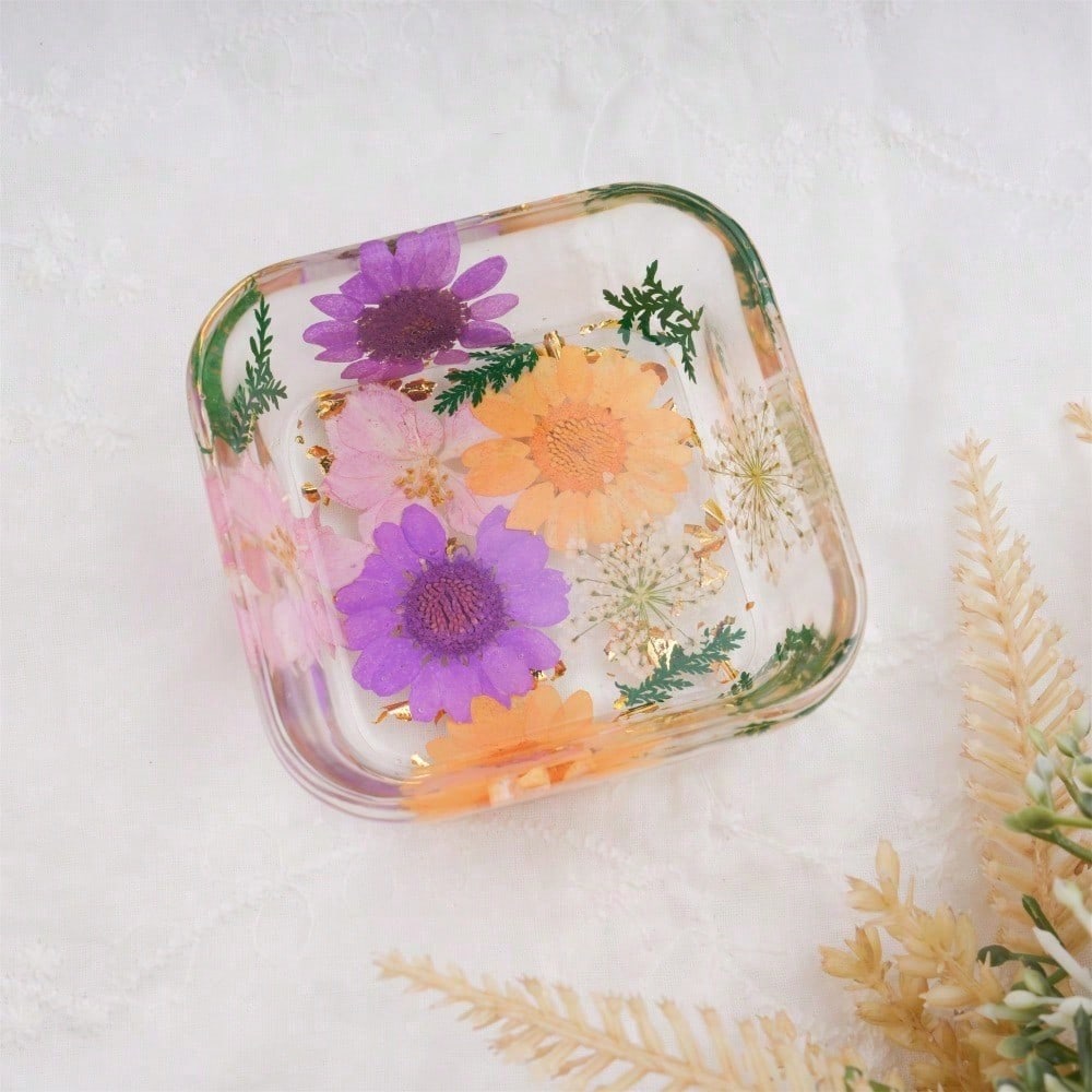 Real Flowers Resin Tray,White/Purple/Pink/Orange Daisy Jewelry Coaster