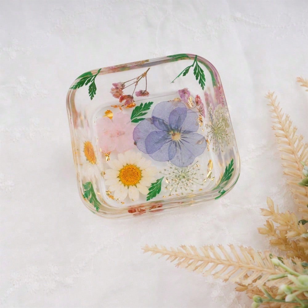 Real Flowers Resin Tray,White/Purple/Pink/Orange Daisy Jewelry Coaster