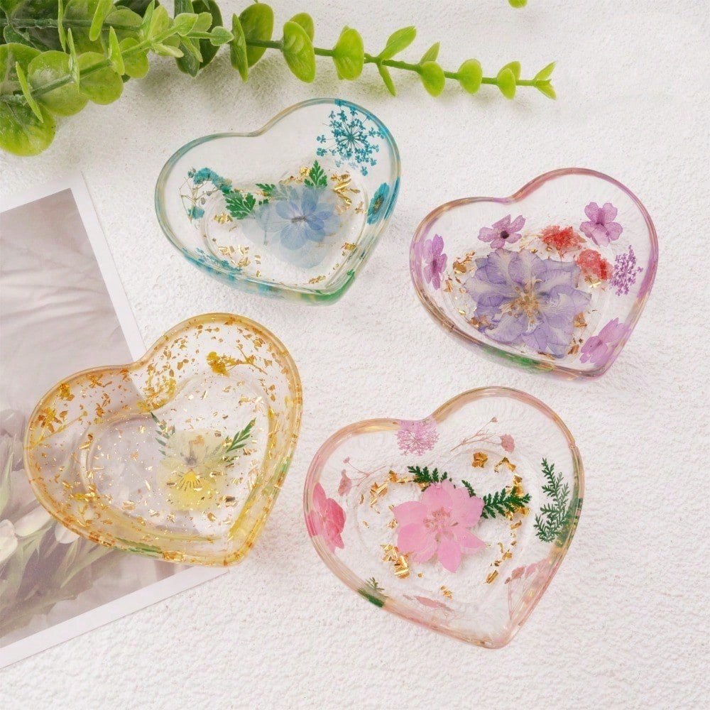 Real Flowers Resin Tray, Purple/Pink/Blue/Yellow Heart Shape Daisy Jewelry Coaster