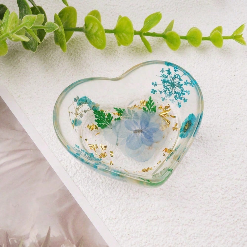 Real Flowers Resin Tray, Purple/Pink/Blue/Yellow Heart Shape Daisy Jewelry Coaster