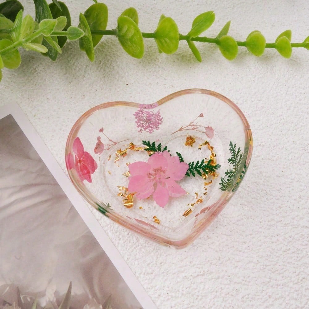 Real Flowers Resin Tray, Purple/Pink/Blue/Yellow Heart Shape Daisy Jewelry Coaster