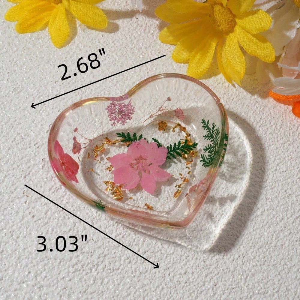 Real Flowers Resin Ring Holder, Heart Shaped Ring Dish