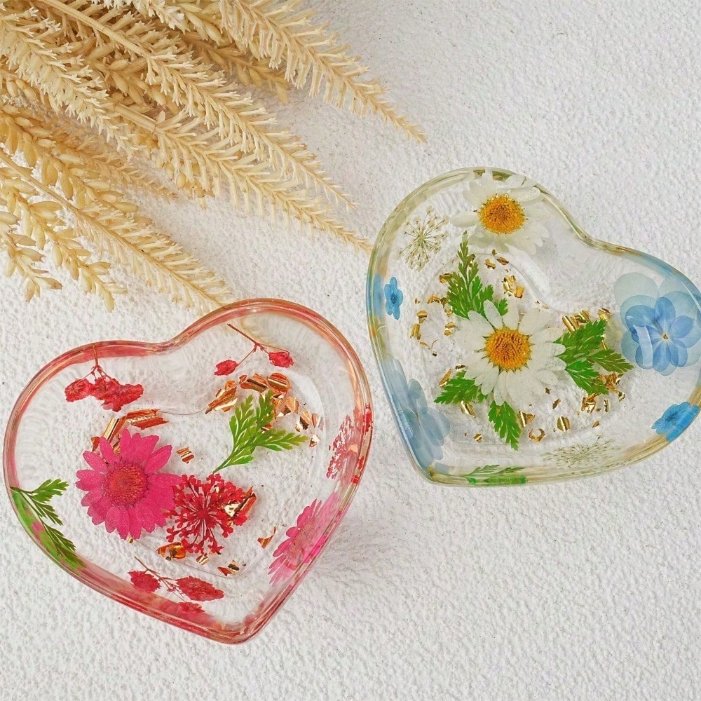 Real Flowers Resin Ring Holder, Heart Shaped Ring Dish