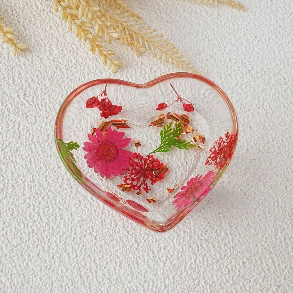 Real Flowers Resin Ring Holder, Heart Shaped Ring Dish