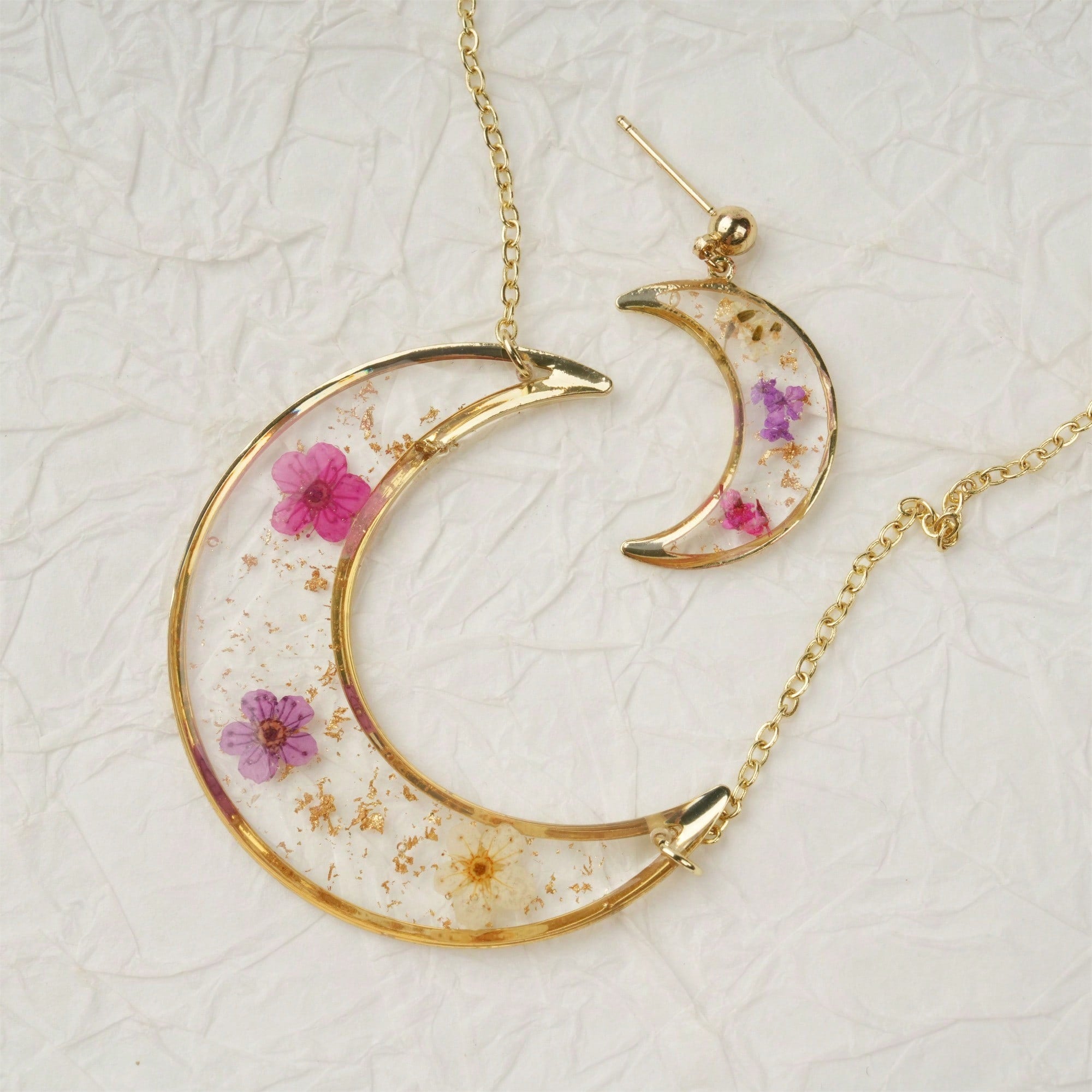 Moon Dried Flower Necklace Earrings Real Flower Natural Eternal Flower Resin Gift