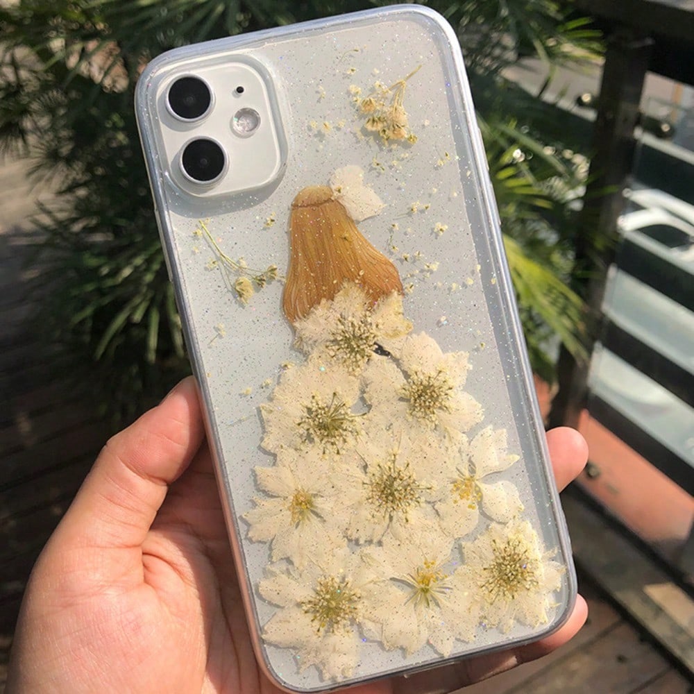 IPhone 15 Real Flower Girl Phone Case, Resin Soft Case Protection