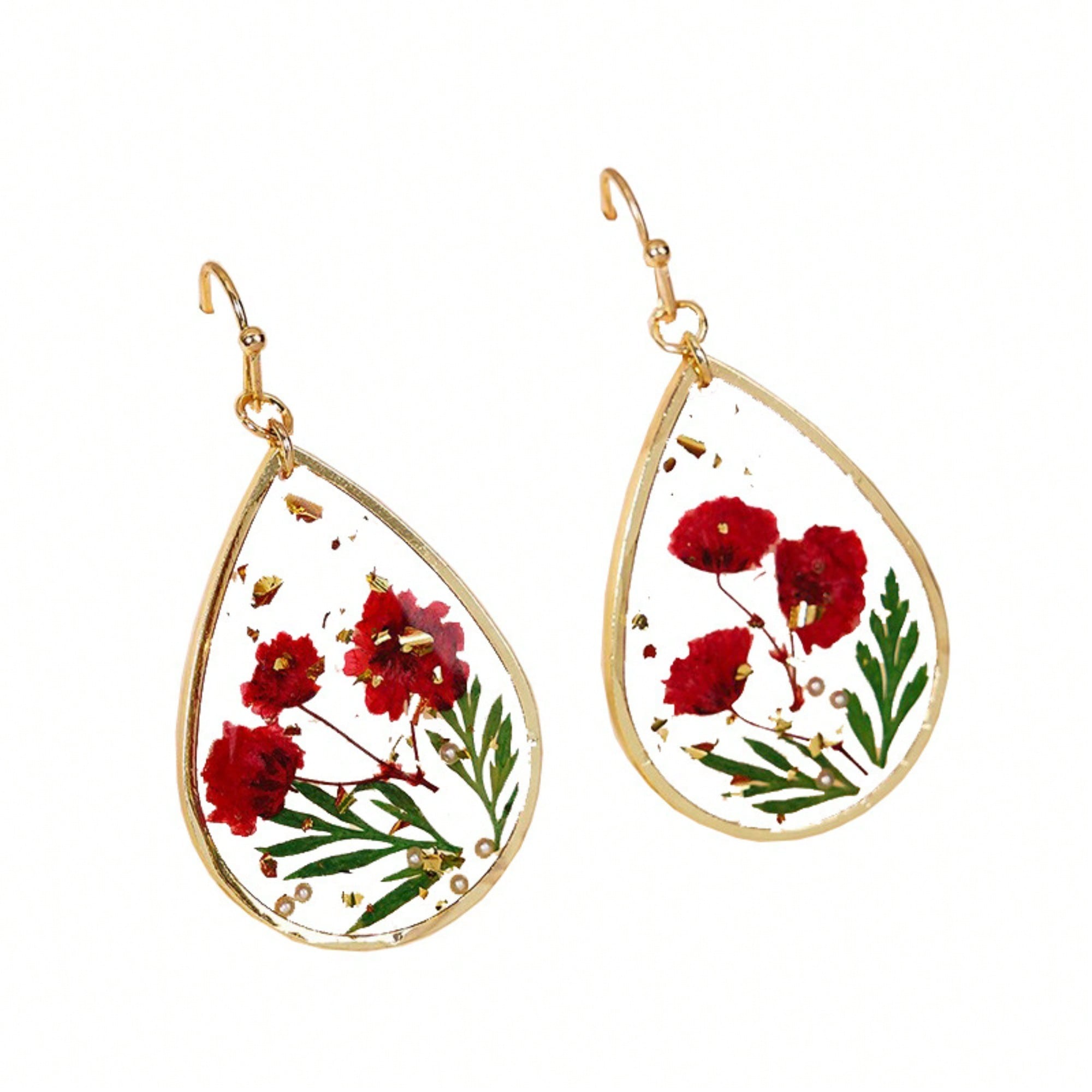 Red Flowers Resin Earrings, Elegant & Exquisite Water Drop Shaped,Eternal Flower