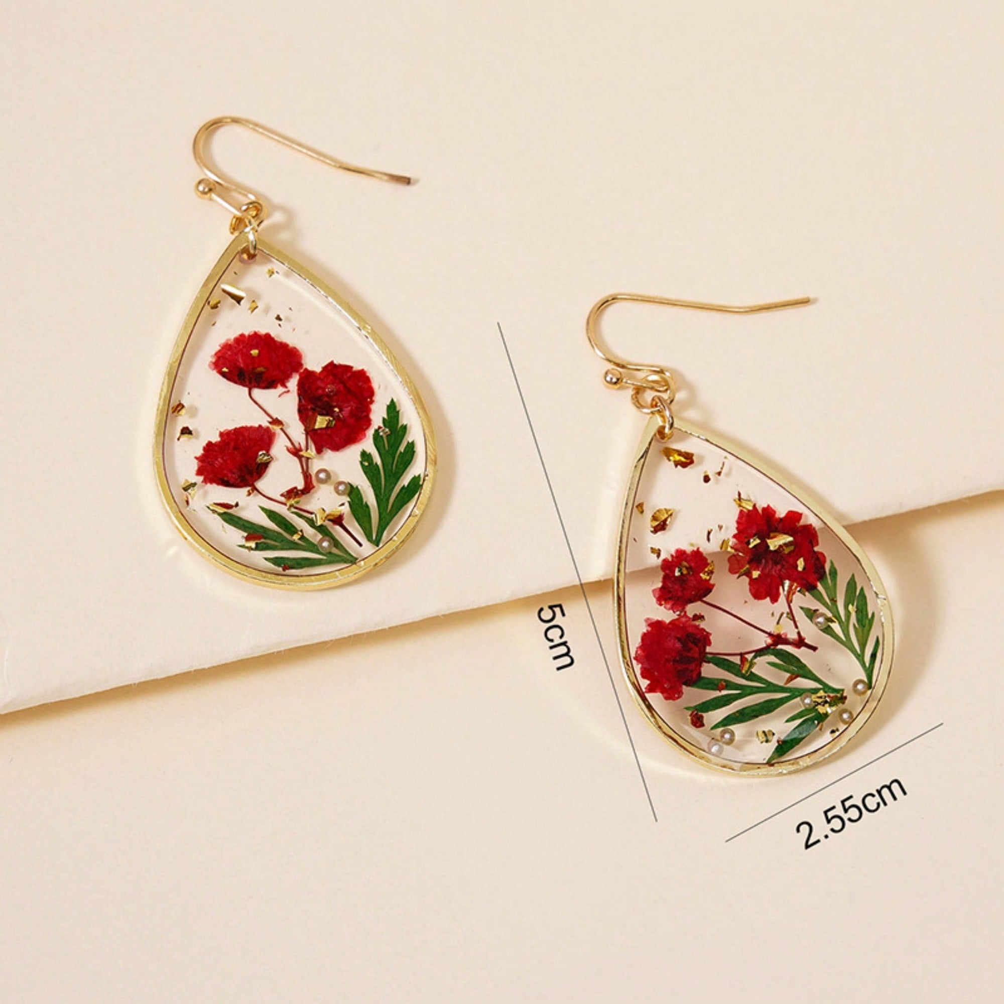 Red Flowers Resin Earrings, Elegant & Exquisite Water Drop Shaped,Eternal Flower