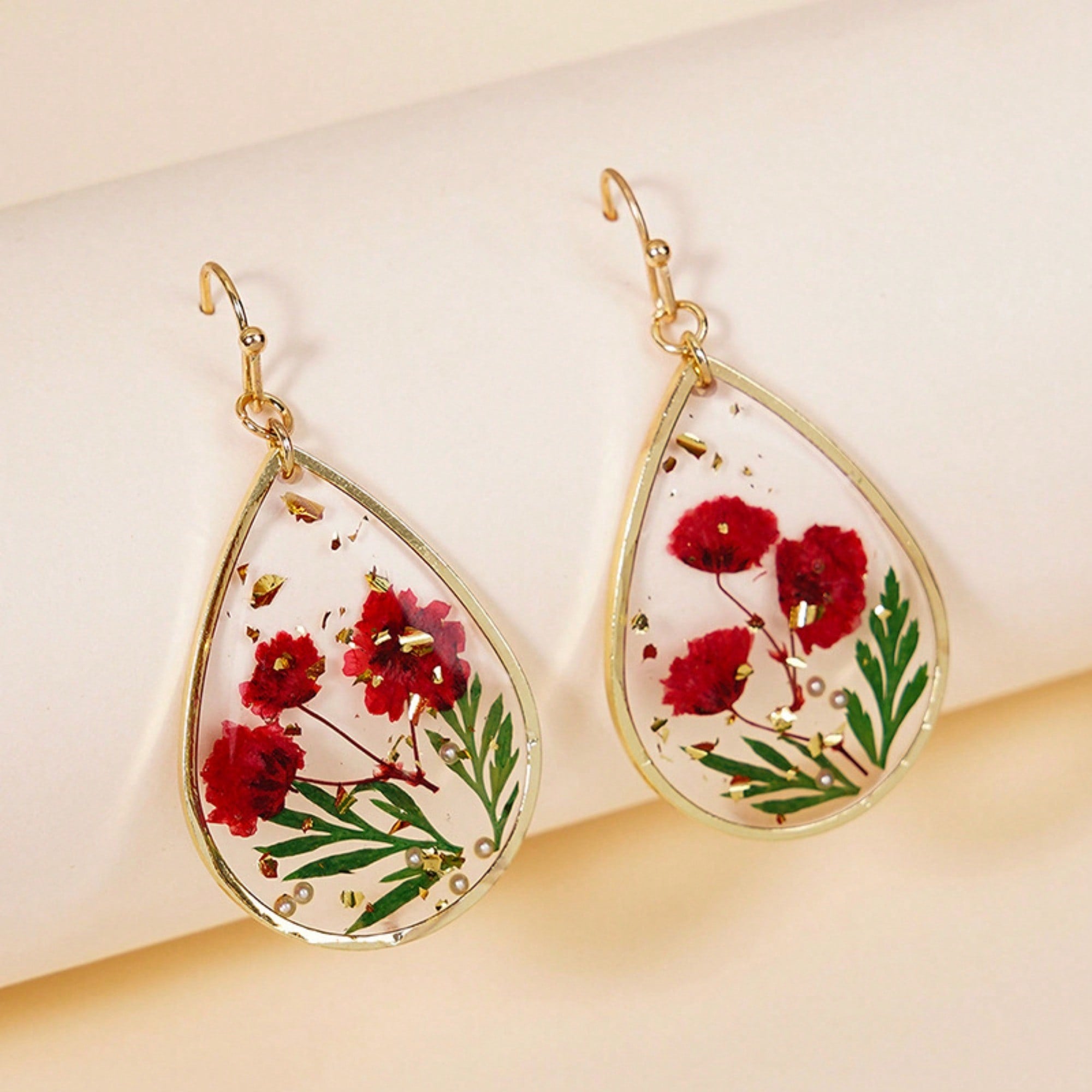 Red Flowers Resin Earrings, Elegant & Exquisite Water Drop Shaped,Eternal Flower