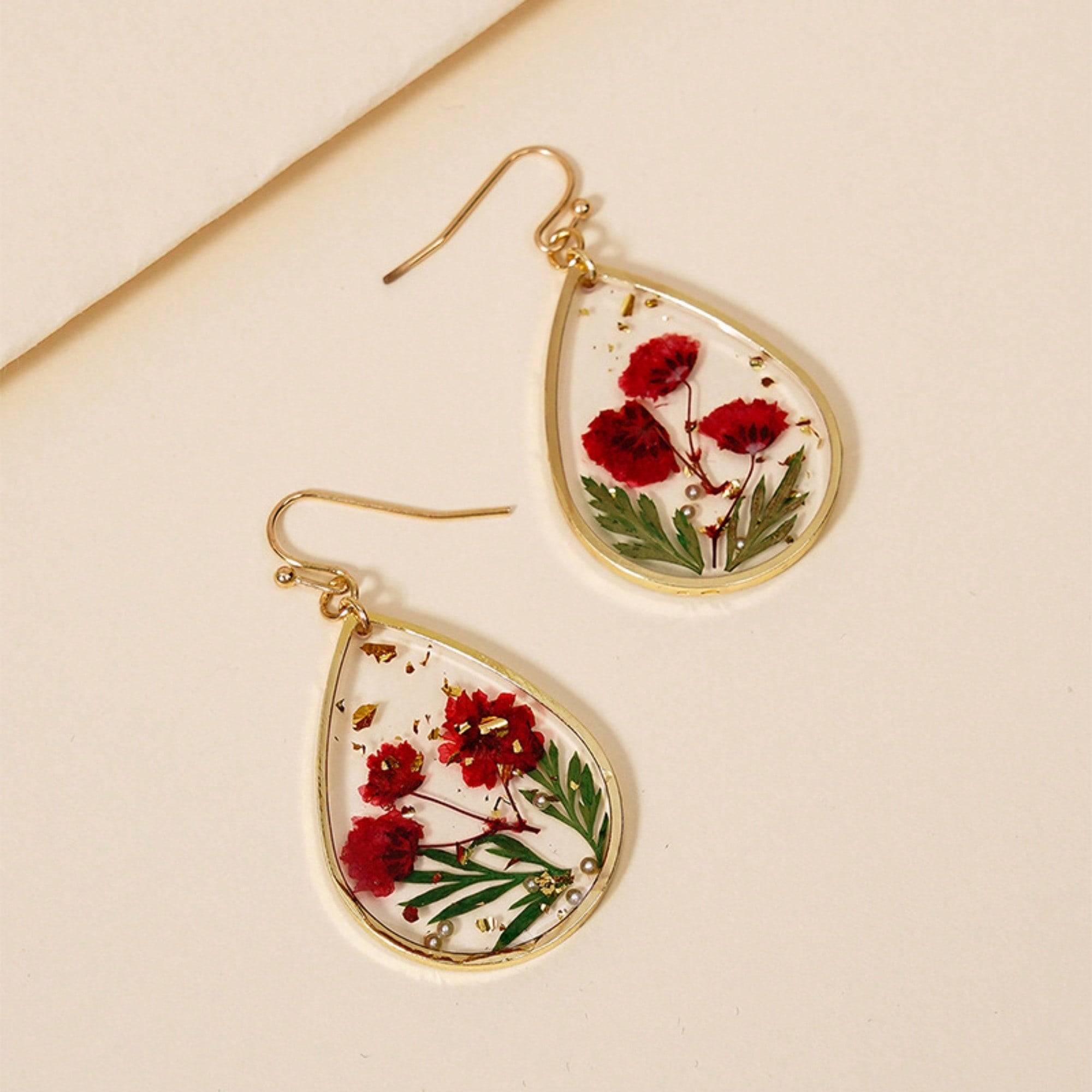 Red Flowers Resin Earrings, Elegant & Exquisite Water Drop Shaped,Eternal Flower