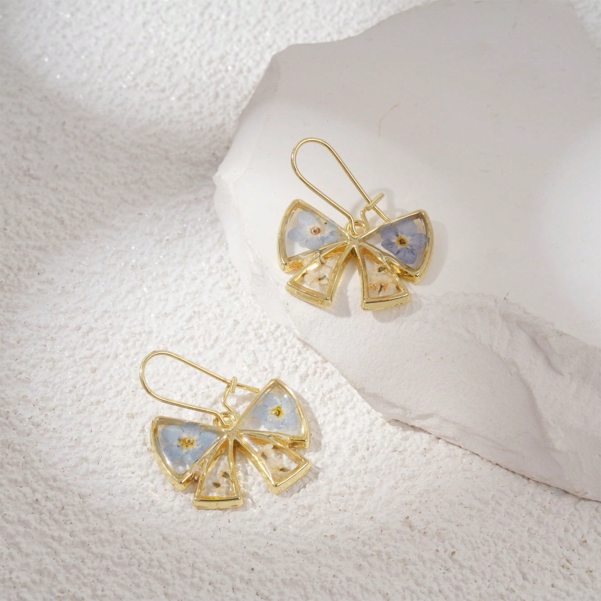 Handmade Resin Dried Flower Earrings,Blue/Pink Butterfly Shape Earrings