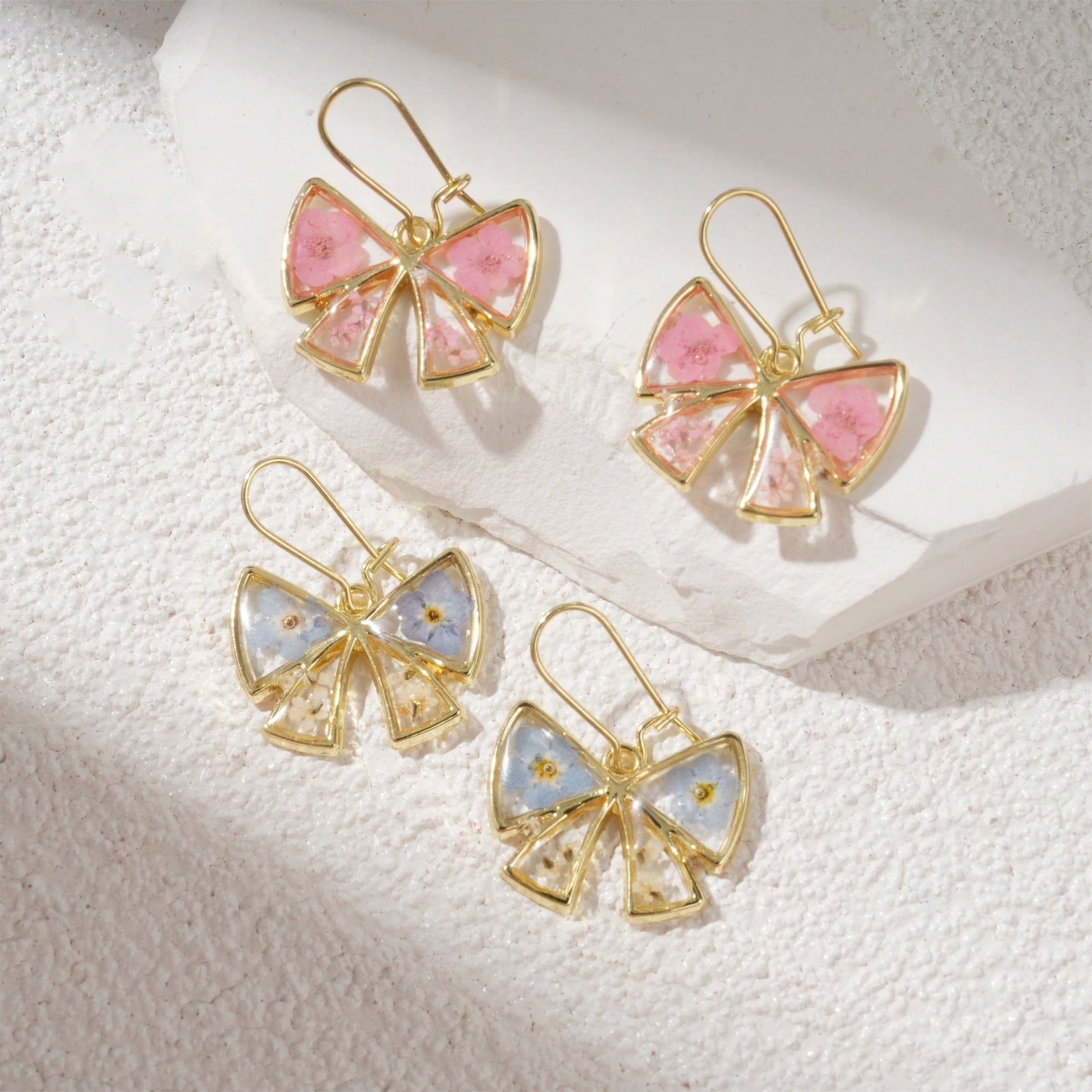 Handmade Resin Dried Flower Earrings,Blue/Pink Butterfly Shape Earrings