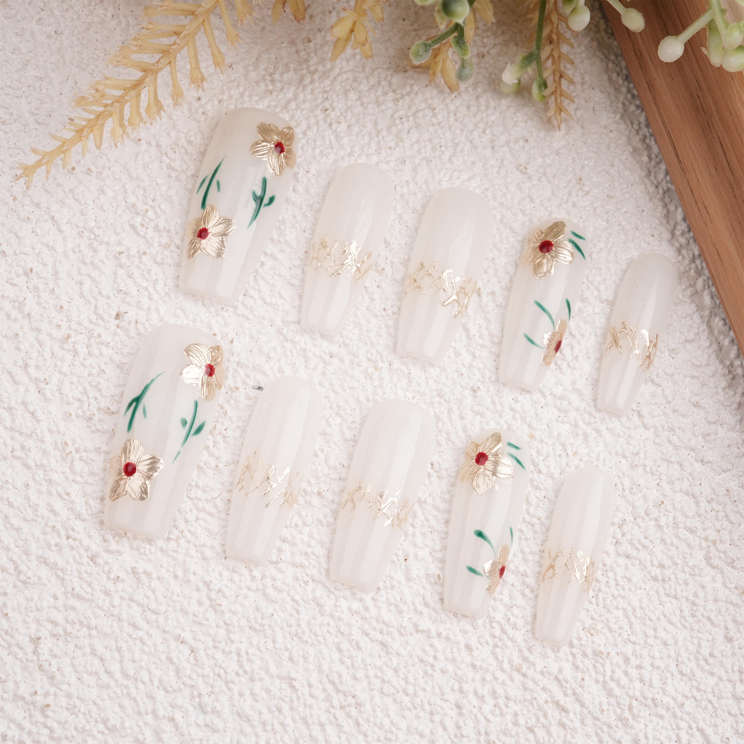 Hand Painted Golden Flowers Press On Nails,Elegant Floral Design For Wedding,Party,Prom