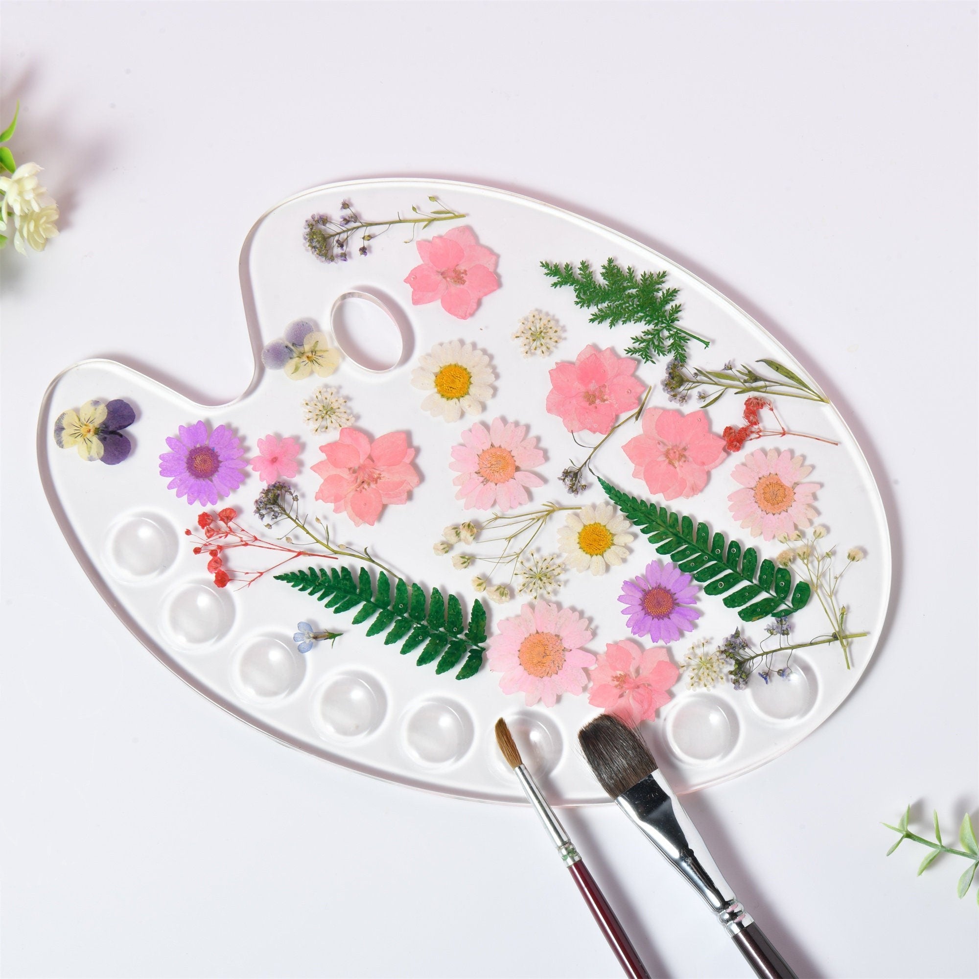 Pink Flowers Resin Paint Palette,Handmade Pressed Flowers Paint Palette