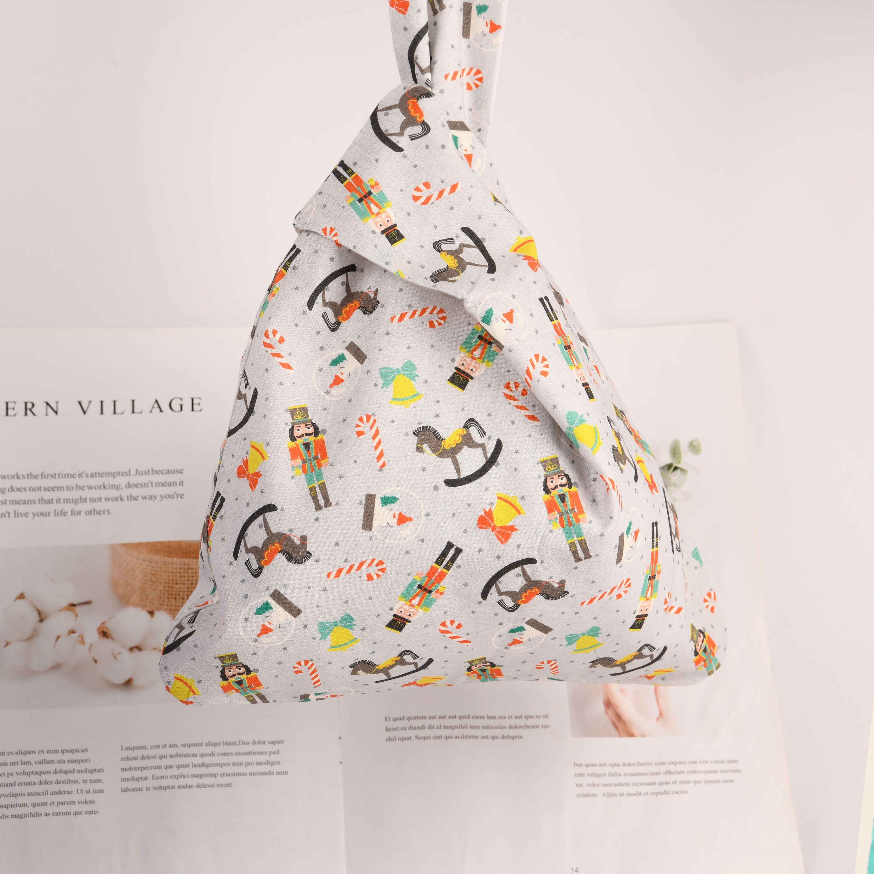Cartoon Pattern Japanese Knot Bag, Wrist Bag, Essentials Knot Bag, Soft Cotton Fabric