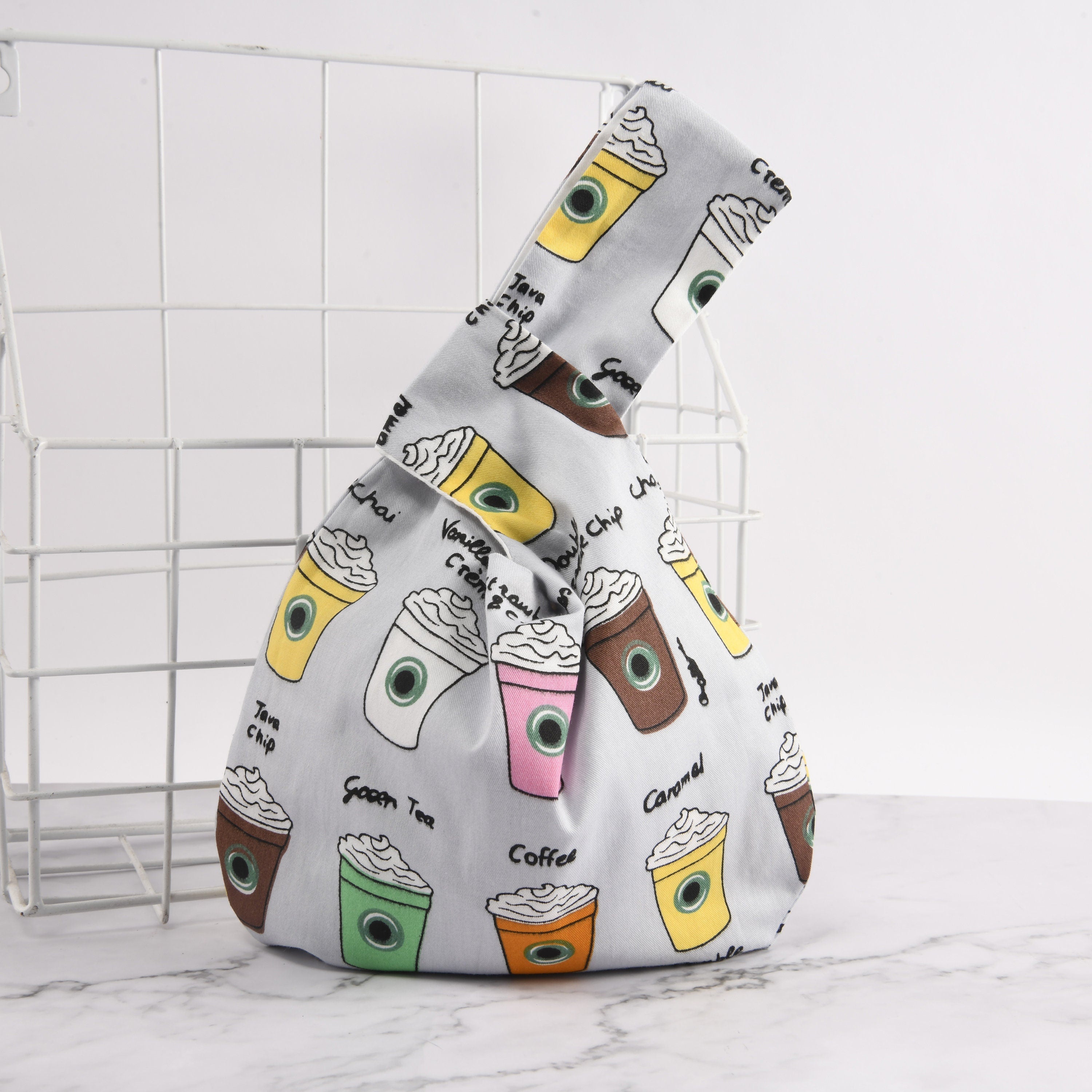 Coffee Cup Print Japanese Knot Bag: Cotton Wrist Bag