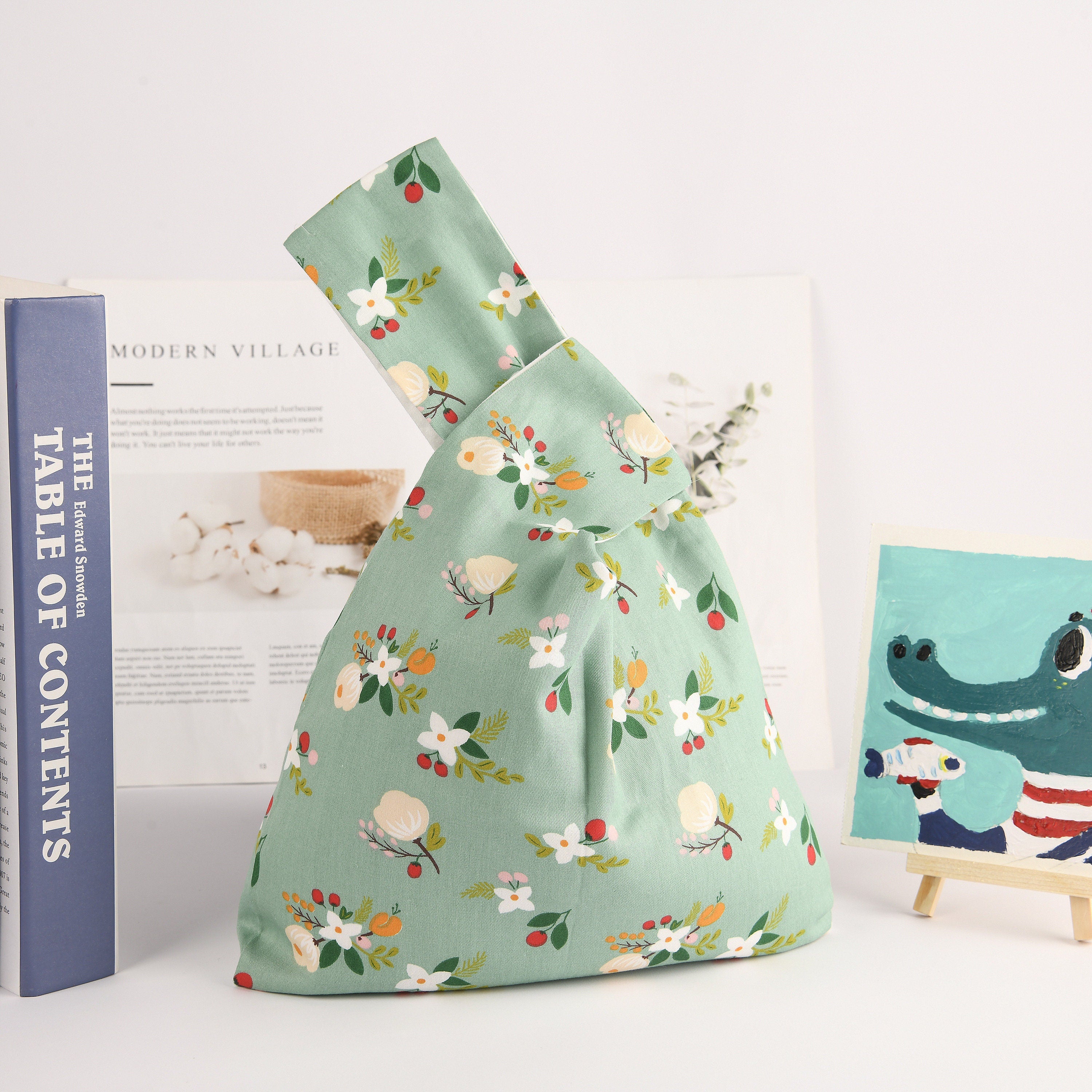 Floral Japanese Knot Bag, Satin Wrist Bag, Wedding Favor Bridesmaid Gift