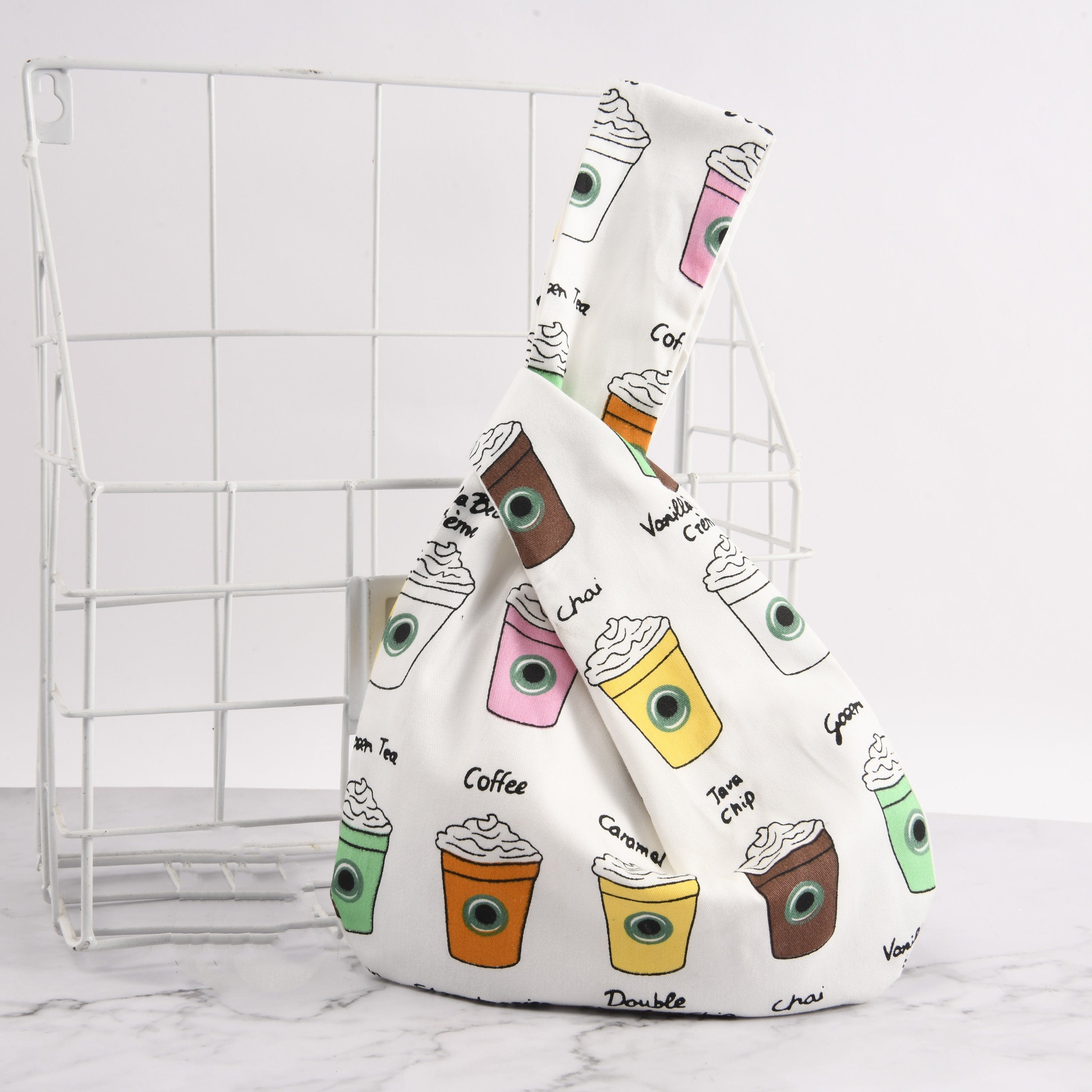 Coffee Cup Print Japanese Knot Bag: Cotton Wrist Bag
