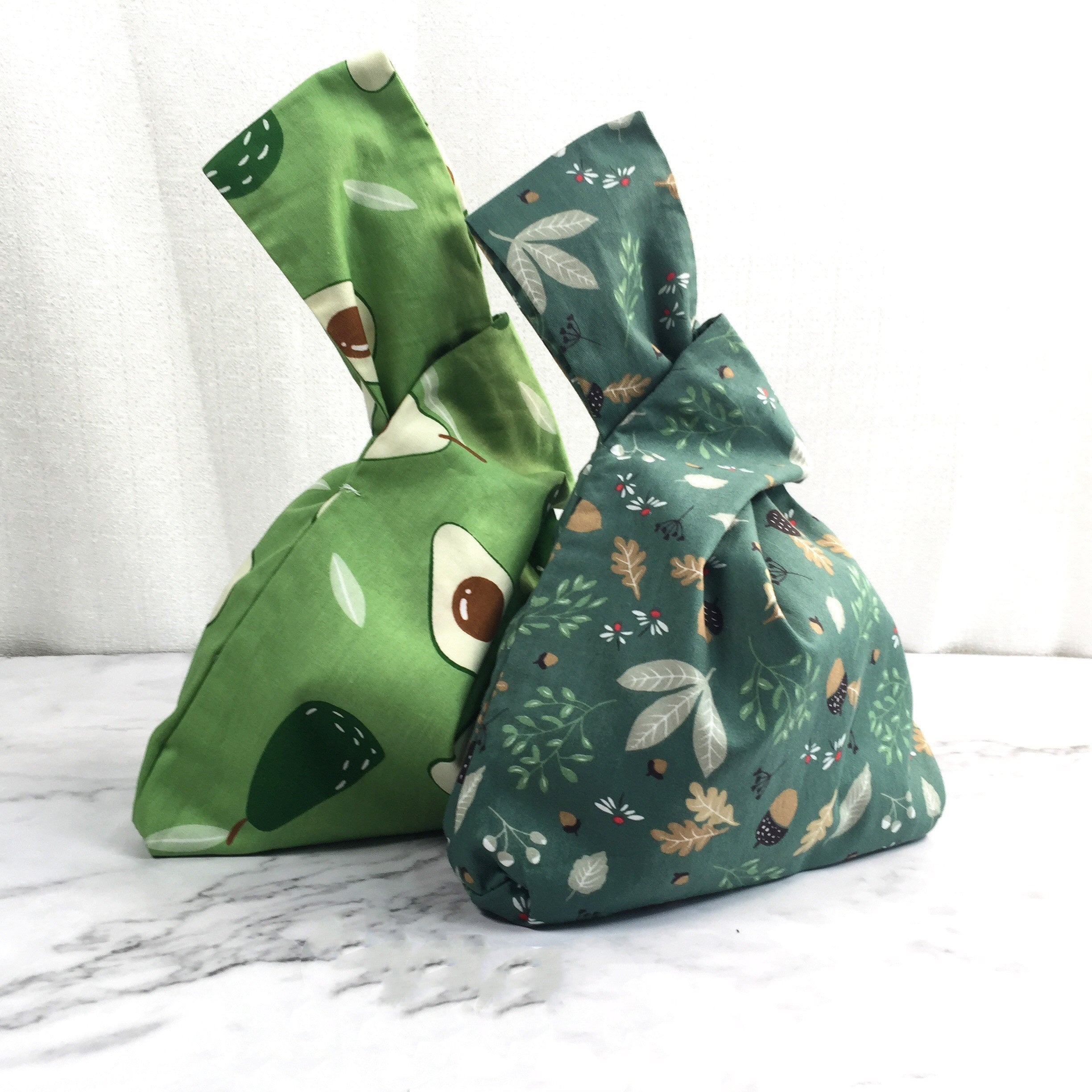 Green Cotton Knot Bag: Acorn Flowers/Avocado Pattern, Cute Purse