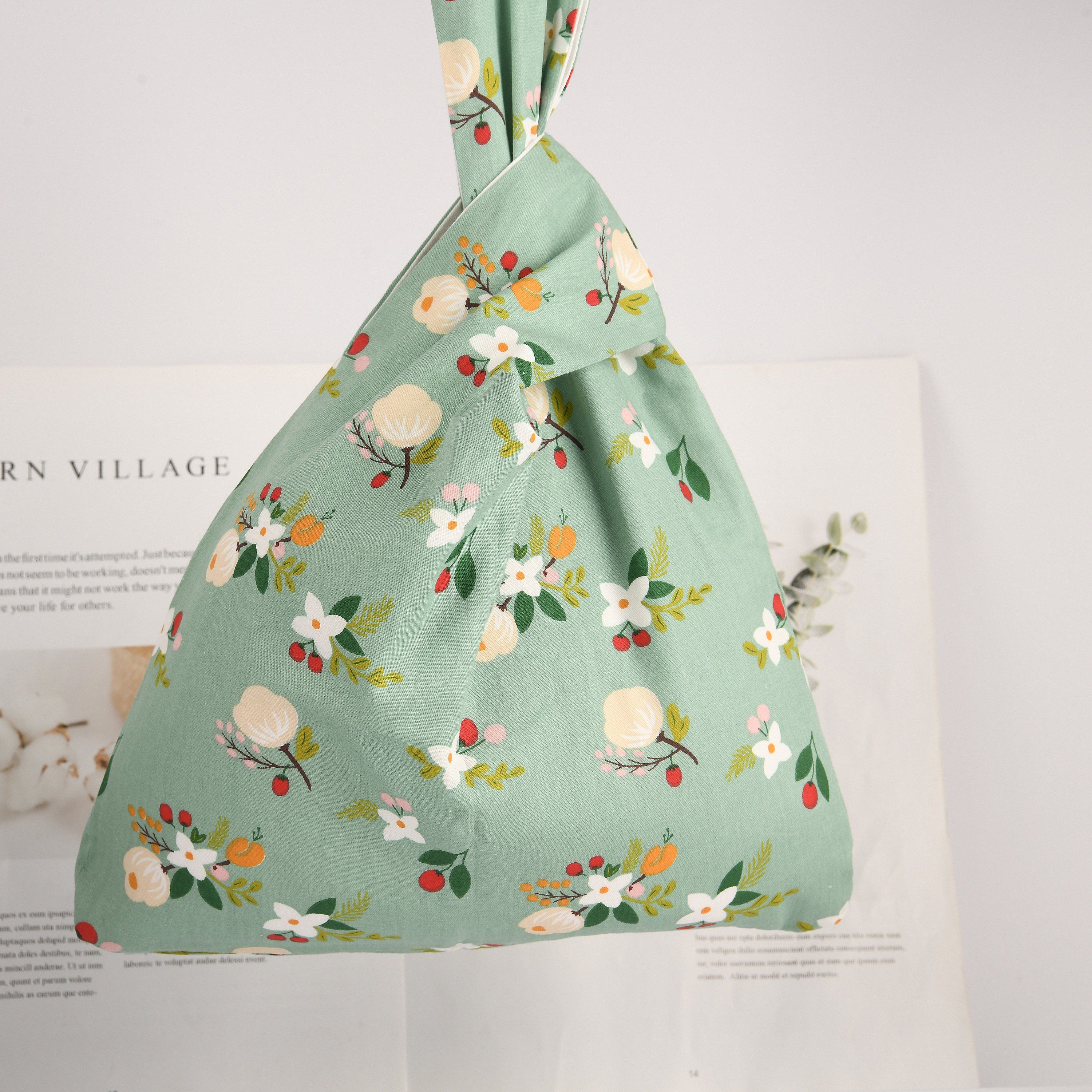 Floral Japanese Knot Bag, Satin Wrist Bag, Wedding Favor Bridesmaid Gift