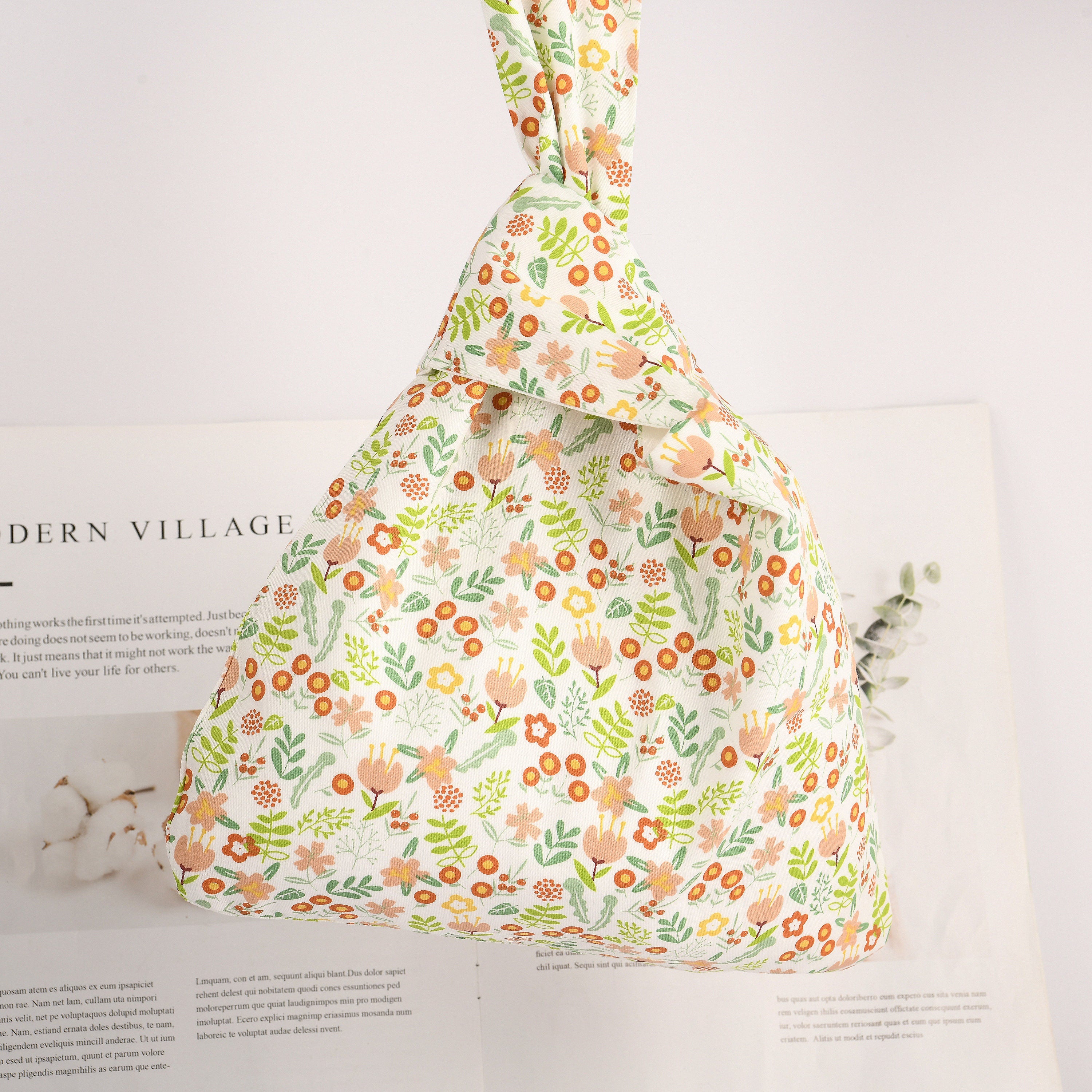 Floral Japanese Knot Bag, Satin Wrist Bag, Wedding Favor Bridesmaid Gift