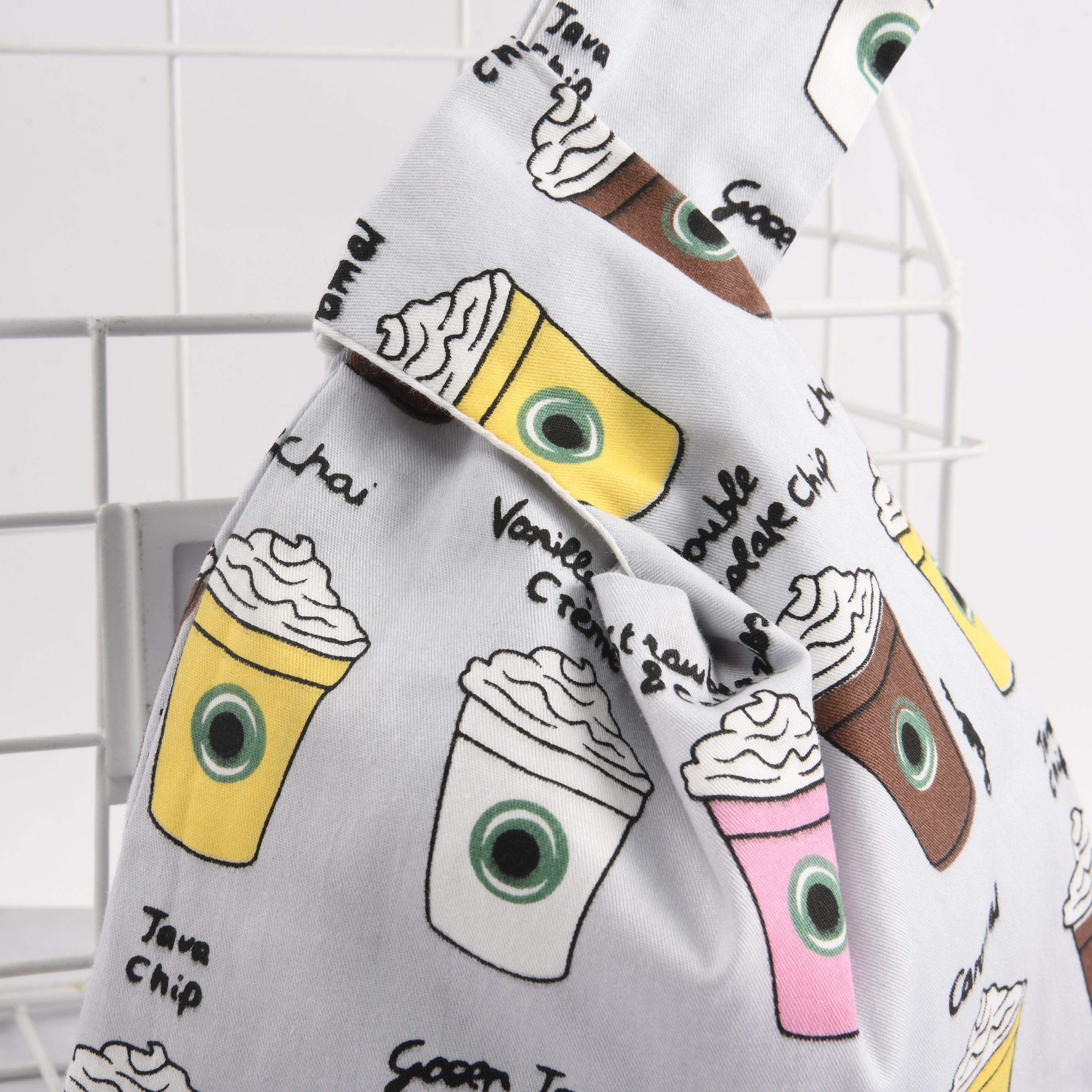 Coffee Cup Print Japanese Knot Bag: Cotton Wrist Bag