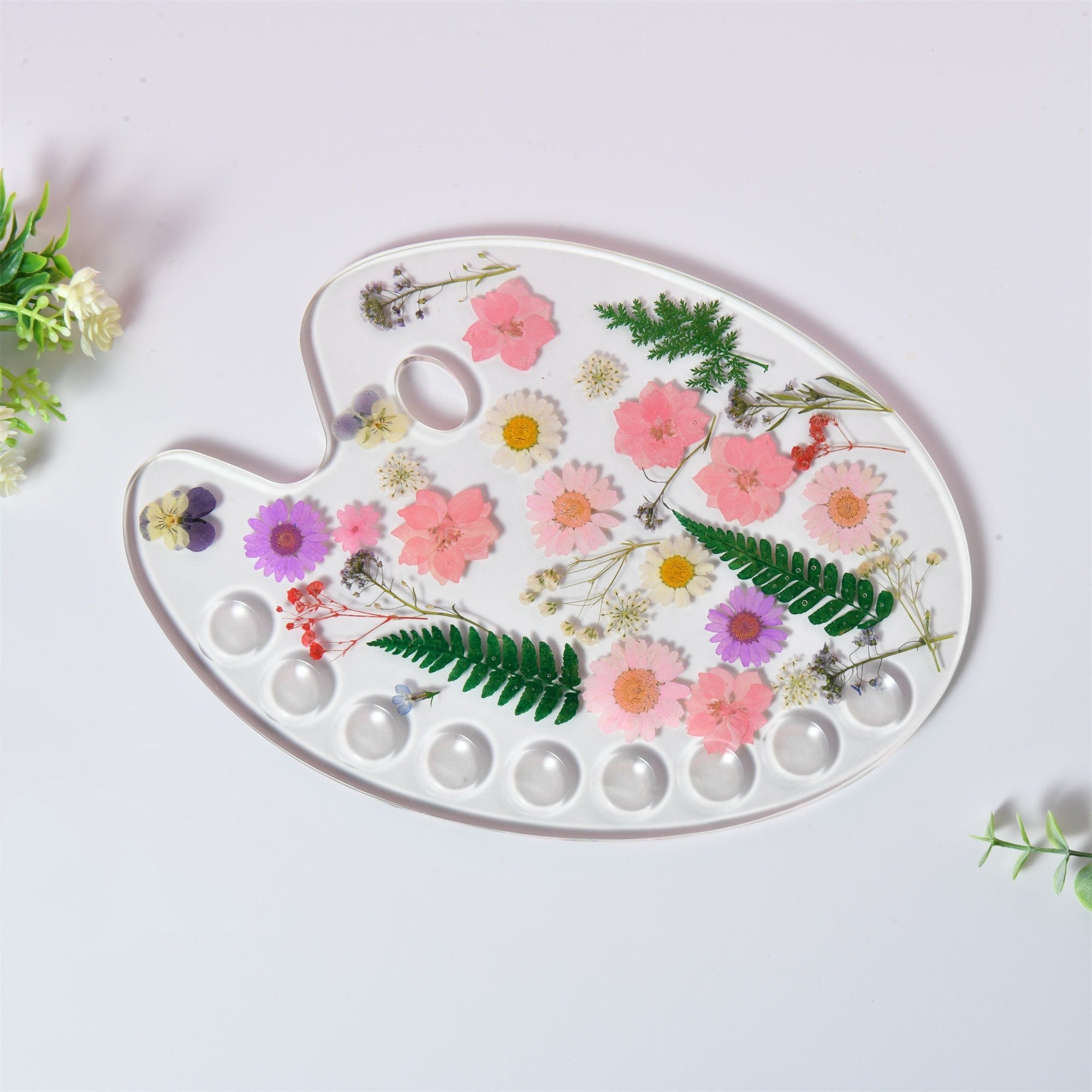 Pink Flowers Resin Paint Palette,Handmade Pressed Flowers Paint Palette