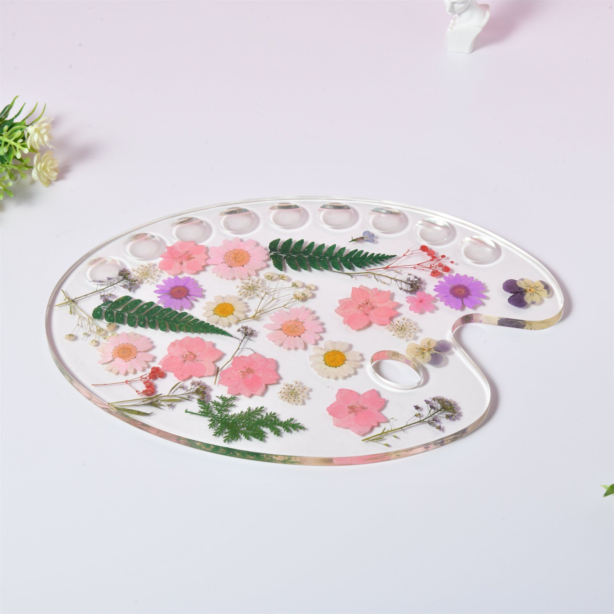 Pink Flowers Resin Paint Palette,Handmade Pressed Flowers Paint Palette