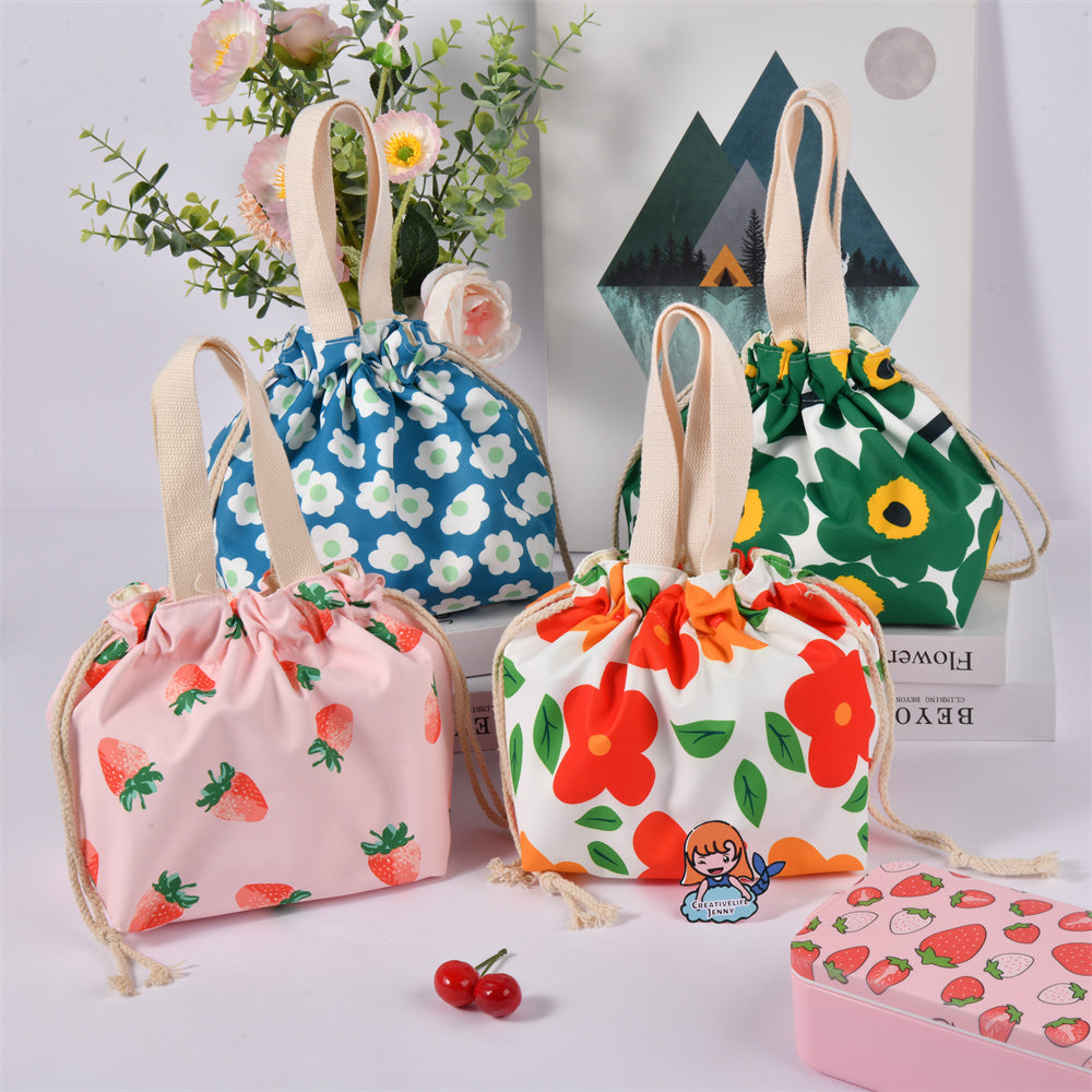 Janpansese Style Flowers Strawberry Drawstring Lunch Tote Bag