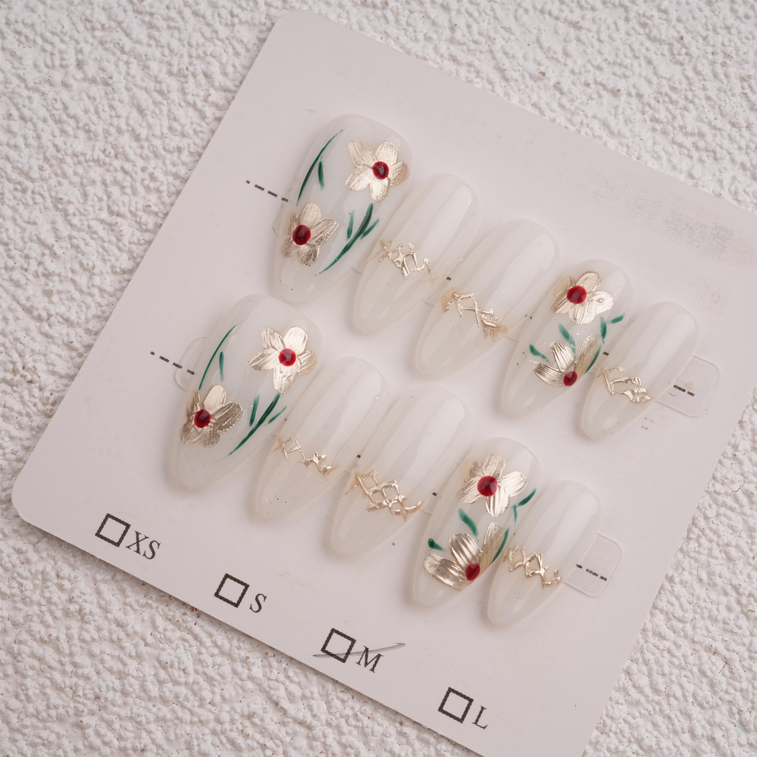 Gold Flowers Almond Fake Nails,10pcs Hand Painted, Jewelry Manicure with Fancy Design,Birthday/Mother's Day Gifts