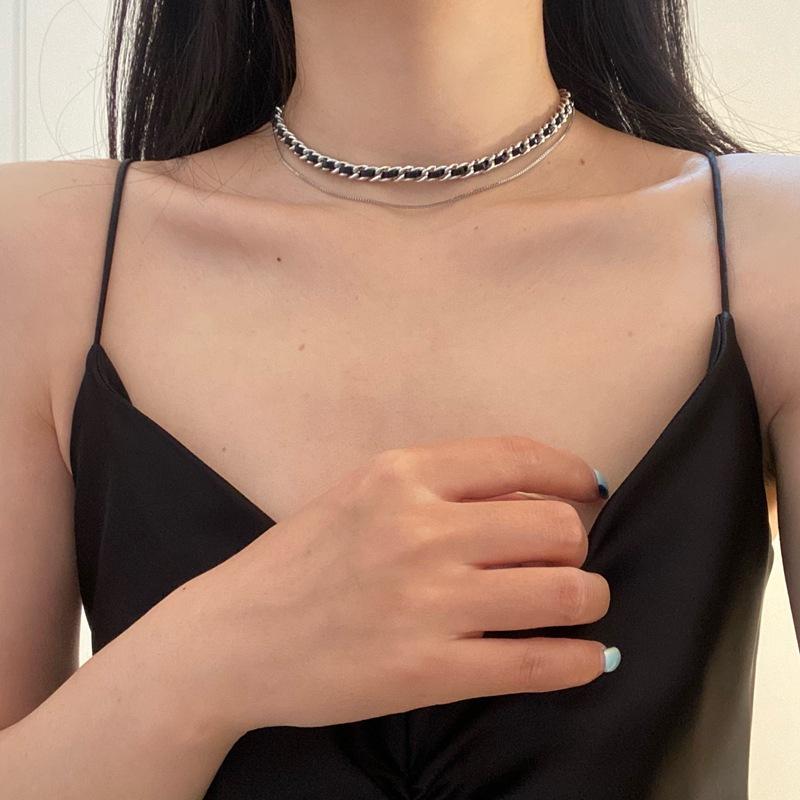 PU leather double-layer necklace retro simple temperament versatile collarbone chain neck chain OT buckle