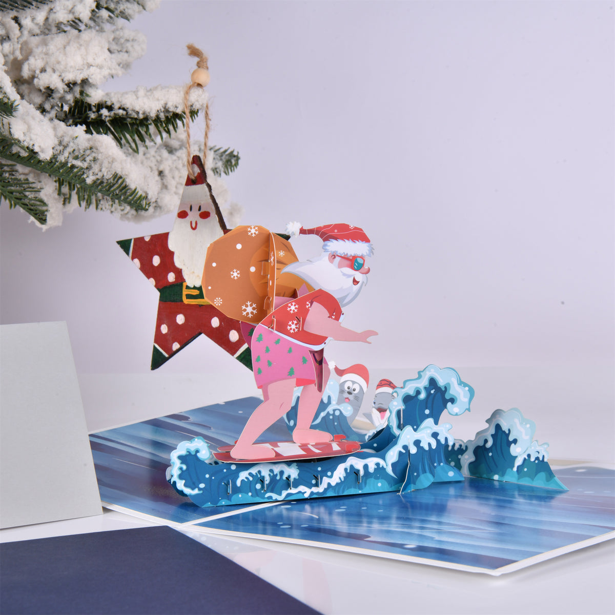 Cooler Surfing Santa Pop Up Christmas Card