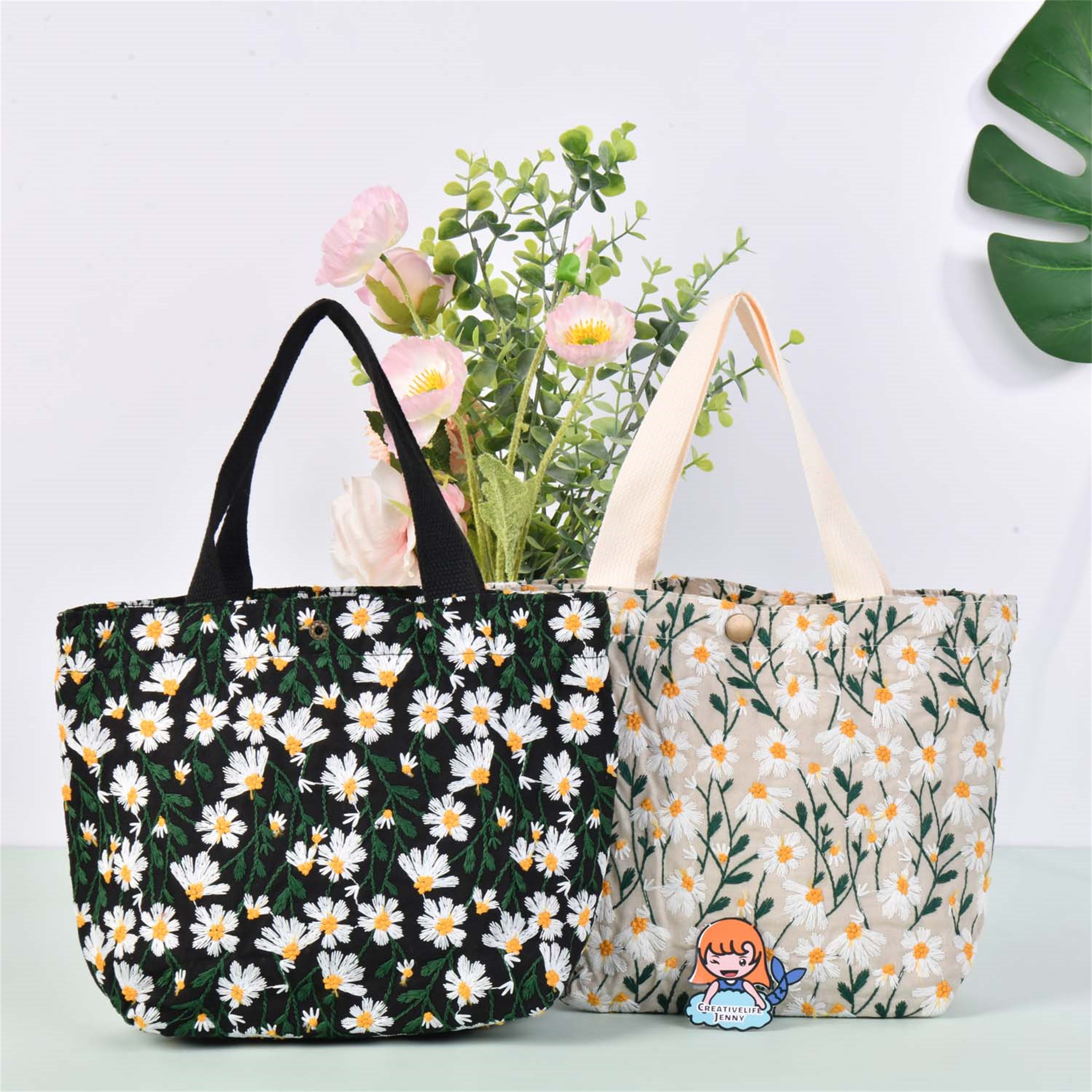 Embroidered White Daisy Cute Cotton Linen Tote Bag