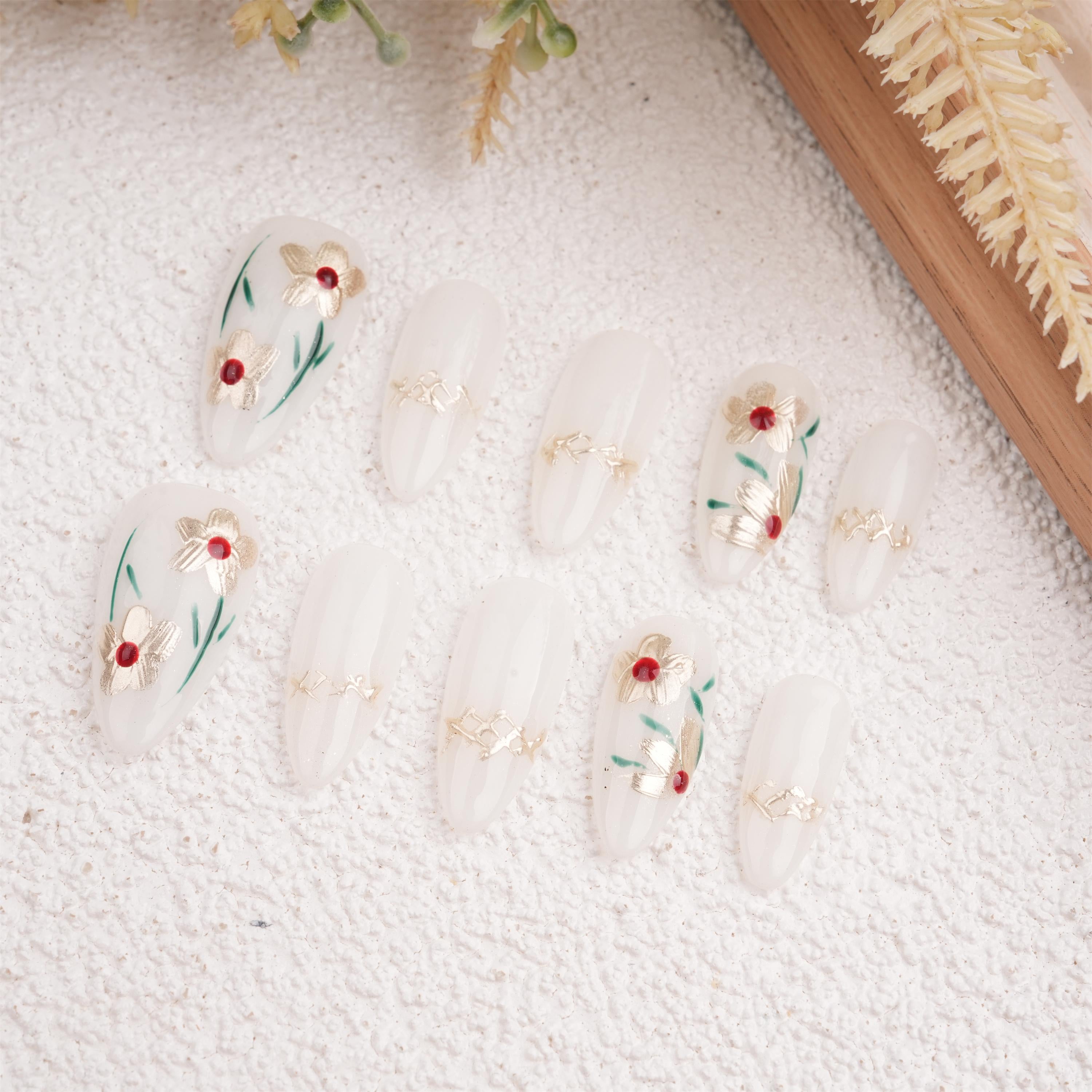 Gold Flowers Almond Fake Nails,10pcs Hand Painted, Jewelry Manicure with Fancy Design,Birthday/Mother's Day Gifts