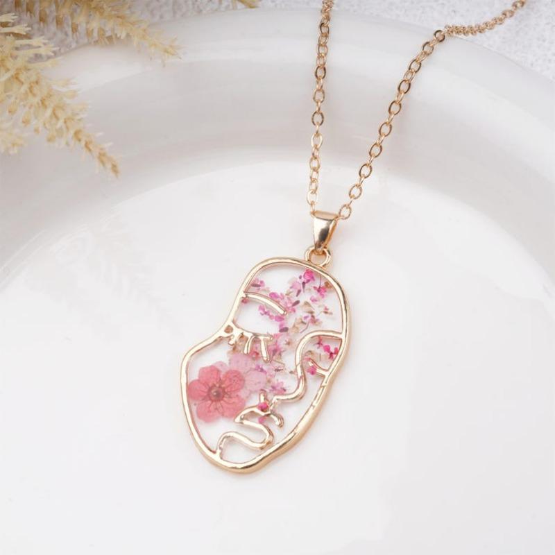 Handmade Pink Forget Me Not Gold Plated Earrings&Necklaces,Creative Real Dried Flower Jewelry Set with Face, Aesthetic Birthday/Valentine's Day Gifts